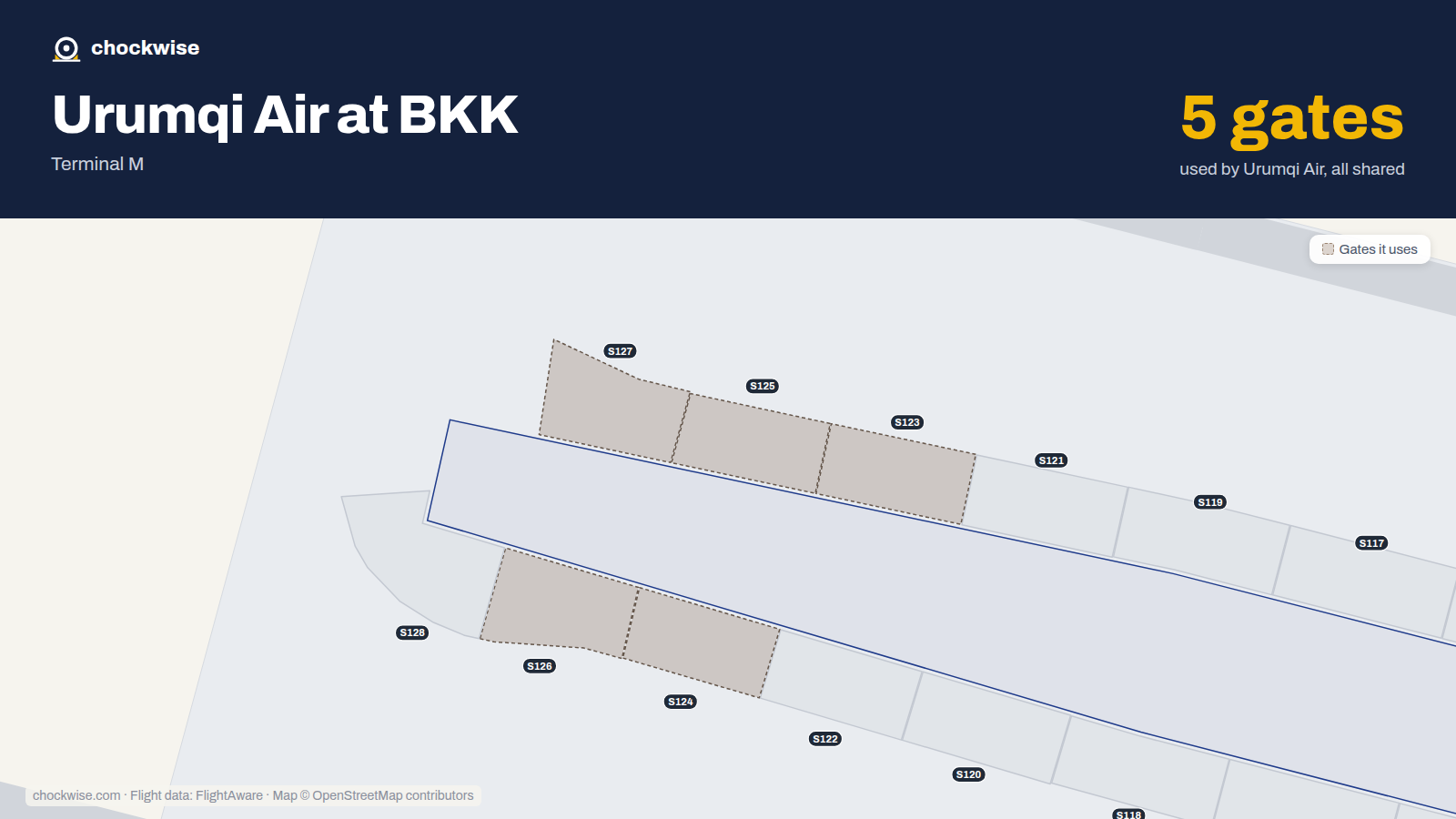 Map of BKK with the gates Urumqi Air uses highlighted: S123, S124, S125, S126 and S127.