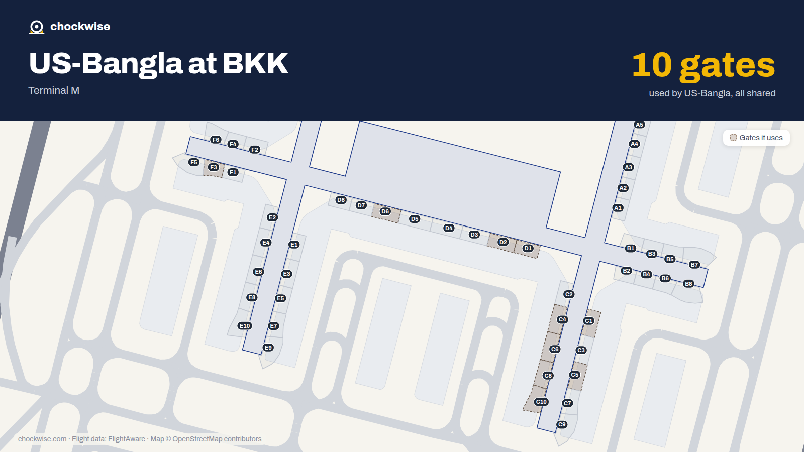Map of BKK with the gates US-Bangla Airlines uses highlighted: C1, D1, D2, F3, C4, C5, C6, D6 and 2 more.