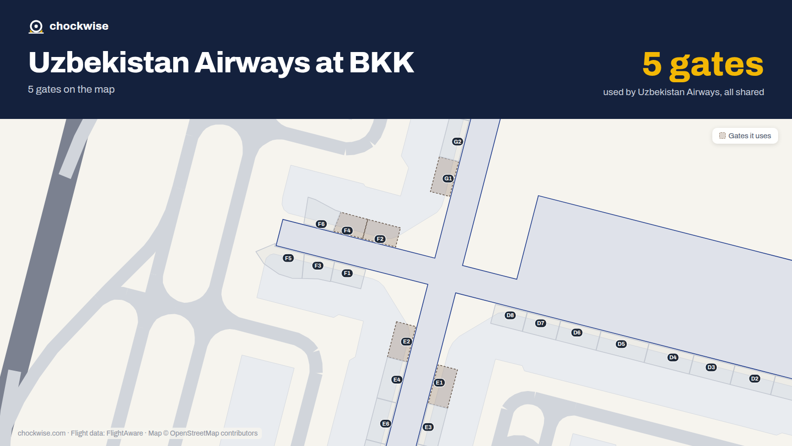 Map of BKK with the gates Uzbekistan Airways uses highlighted: E1, G1, E2, F2 and F4.