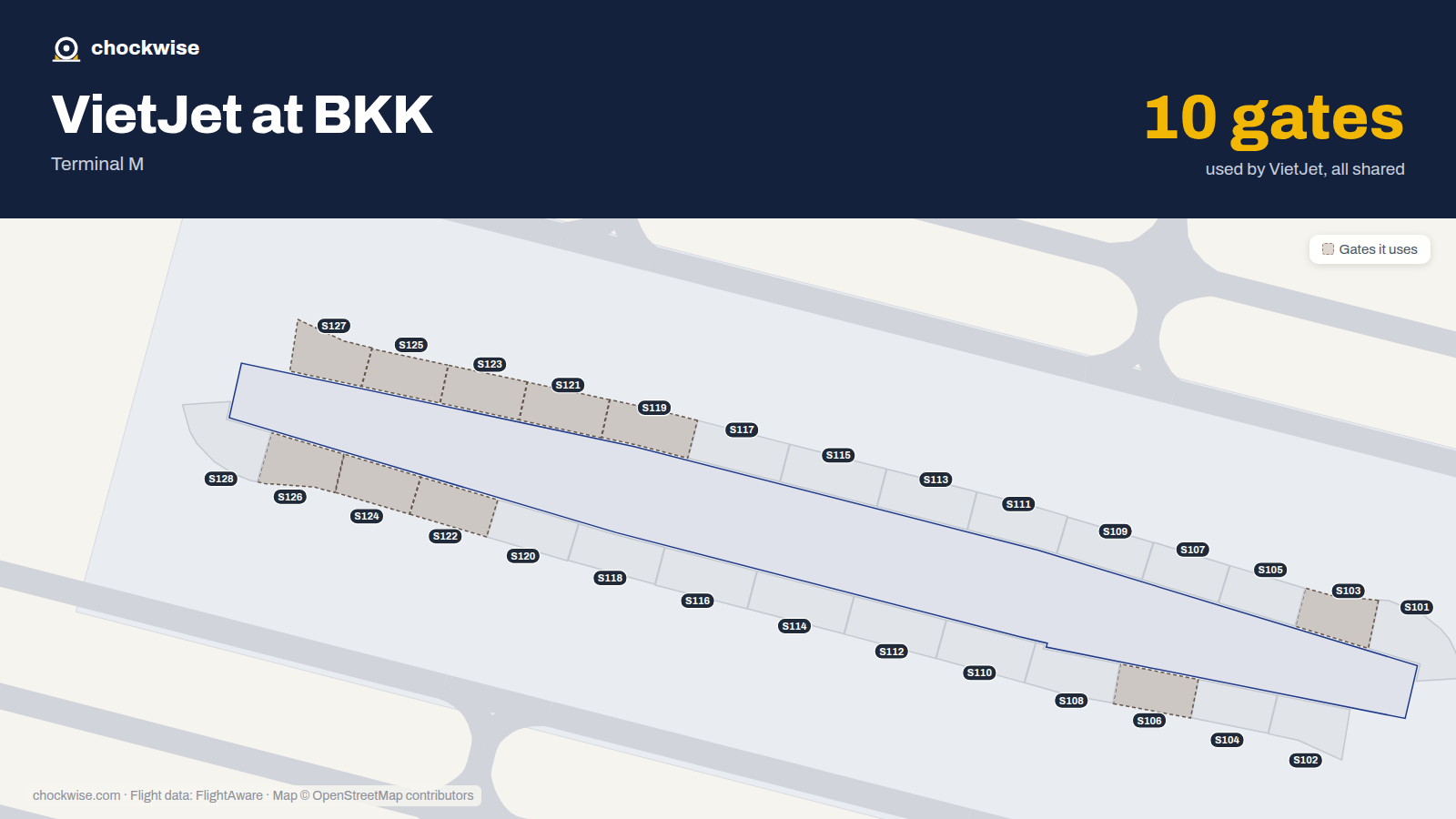 Map of BKK with the gates VietJet Air uses highlighted: S103, S106, S119, S121, S122, S123, S124, S125 and 2 more.