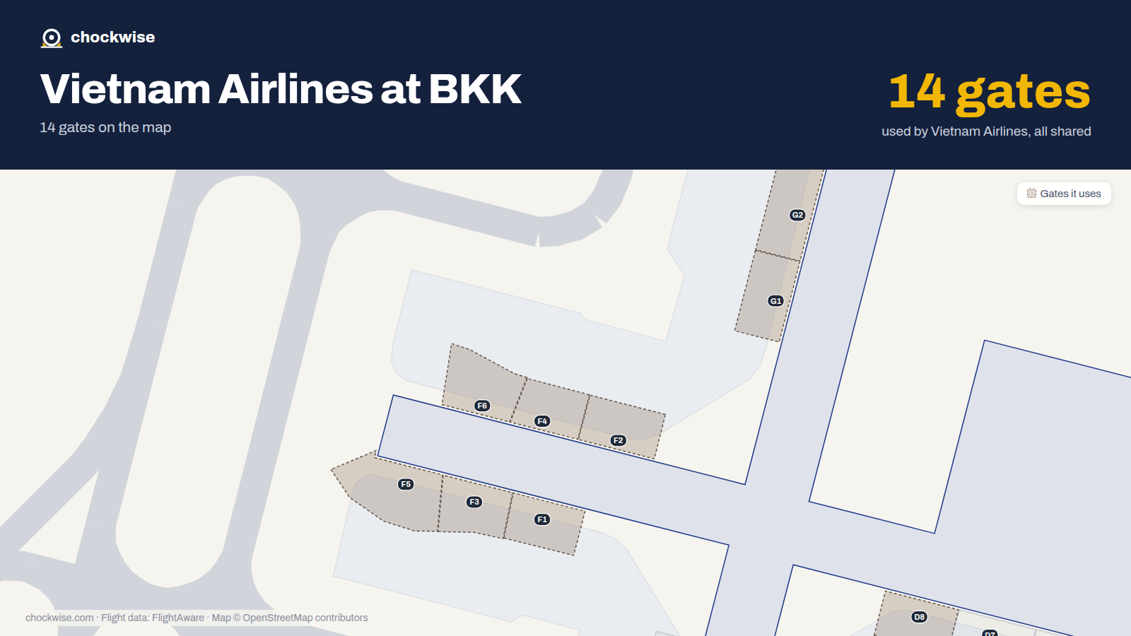 Map of BKK with the gates Vietnam Airlines uses highlighted: F1, G1, F2, G2, D3, E3, F3, D4 and 6 more.