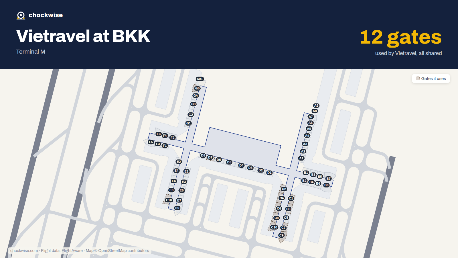 Map of BKK with the gates Vietravel Airlines uses highlighted: C1, C2, C3, C4, G5, C6, C7, D7 and 4 more.