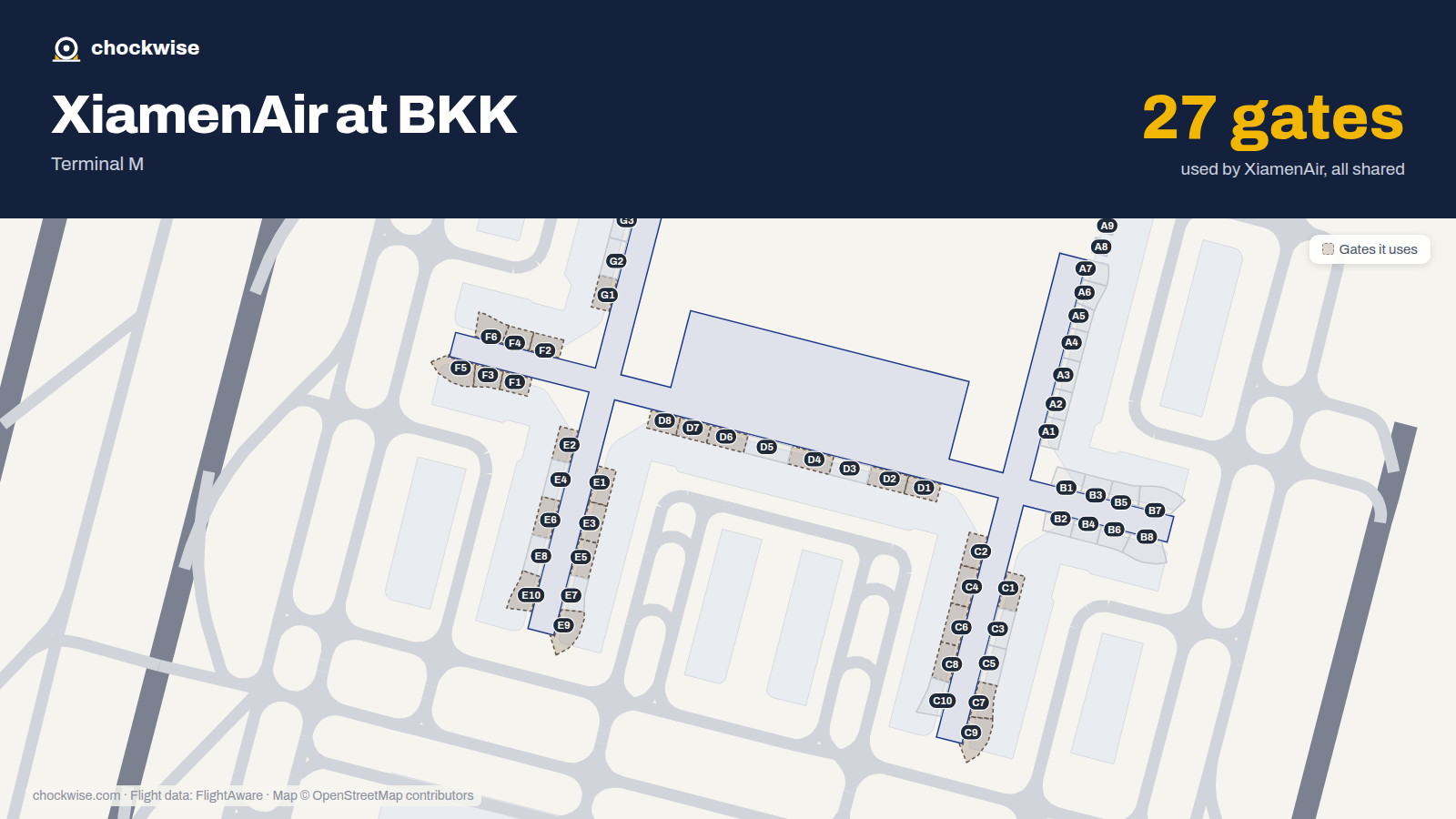 Map of BKK with the gates Xiamen Airlines uses highlighted: C1, D1, E1, F1, G1, C2, D2, E2 and 19 more.