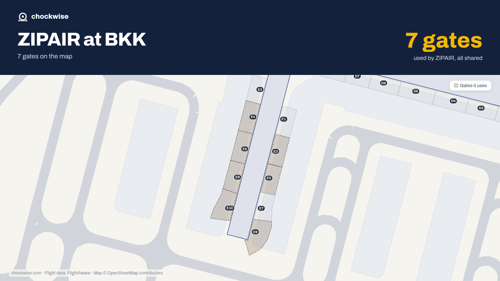 Map of BKK with the gates ZIPAIR uses highlighted: E3, E4, E5, E6, E8, E9 and E10.