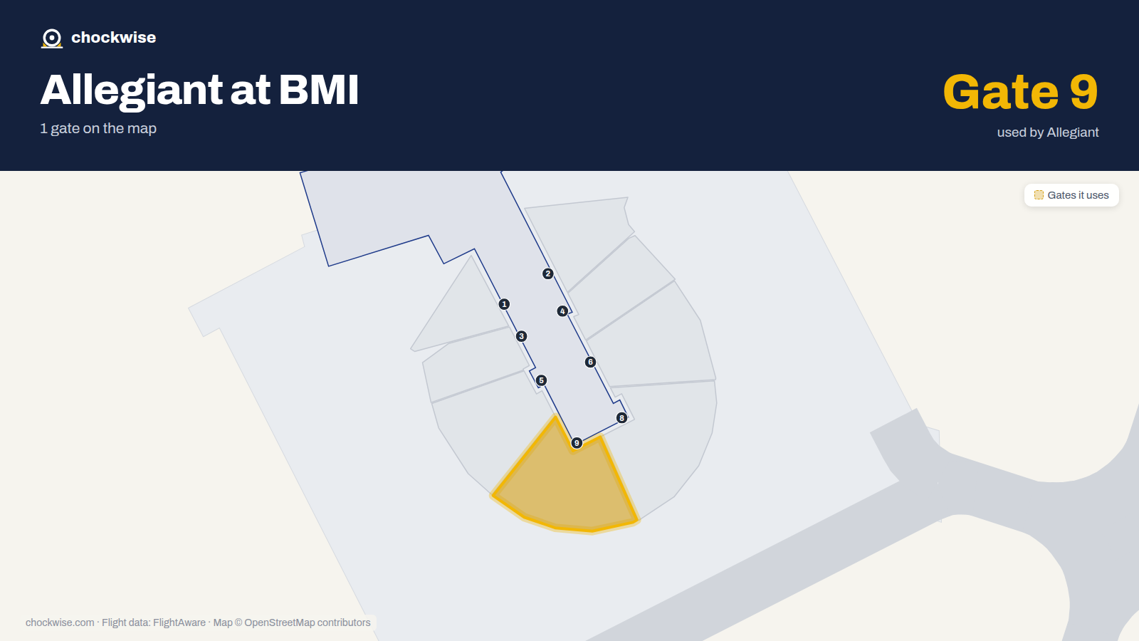 Map of BMI with the gates Allegiant Air uses highlighted: 9.
