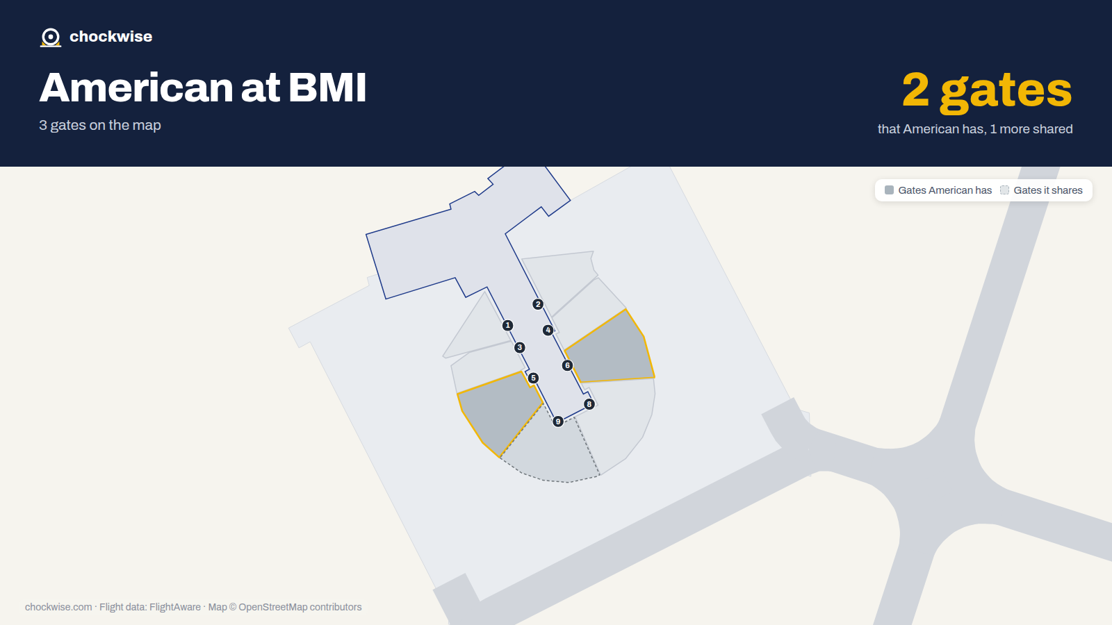 Map of BMI with the gates American Airlines uses highlighted: 5 and 6.
