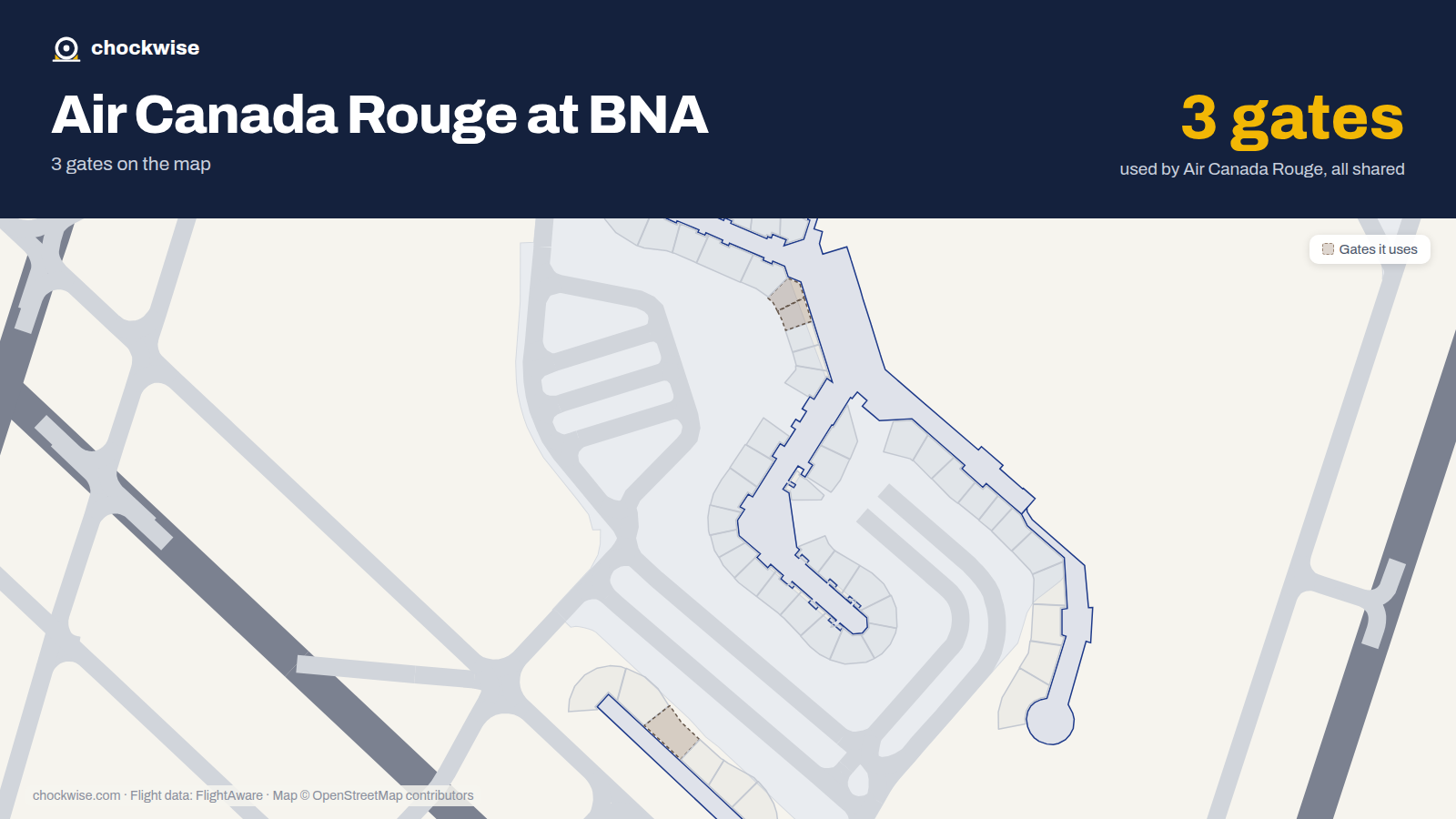 Map of BNA with the gates Air Canada Rouge uses highlighted: T4, T5 and C7.