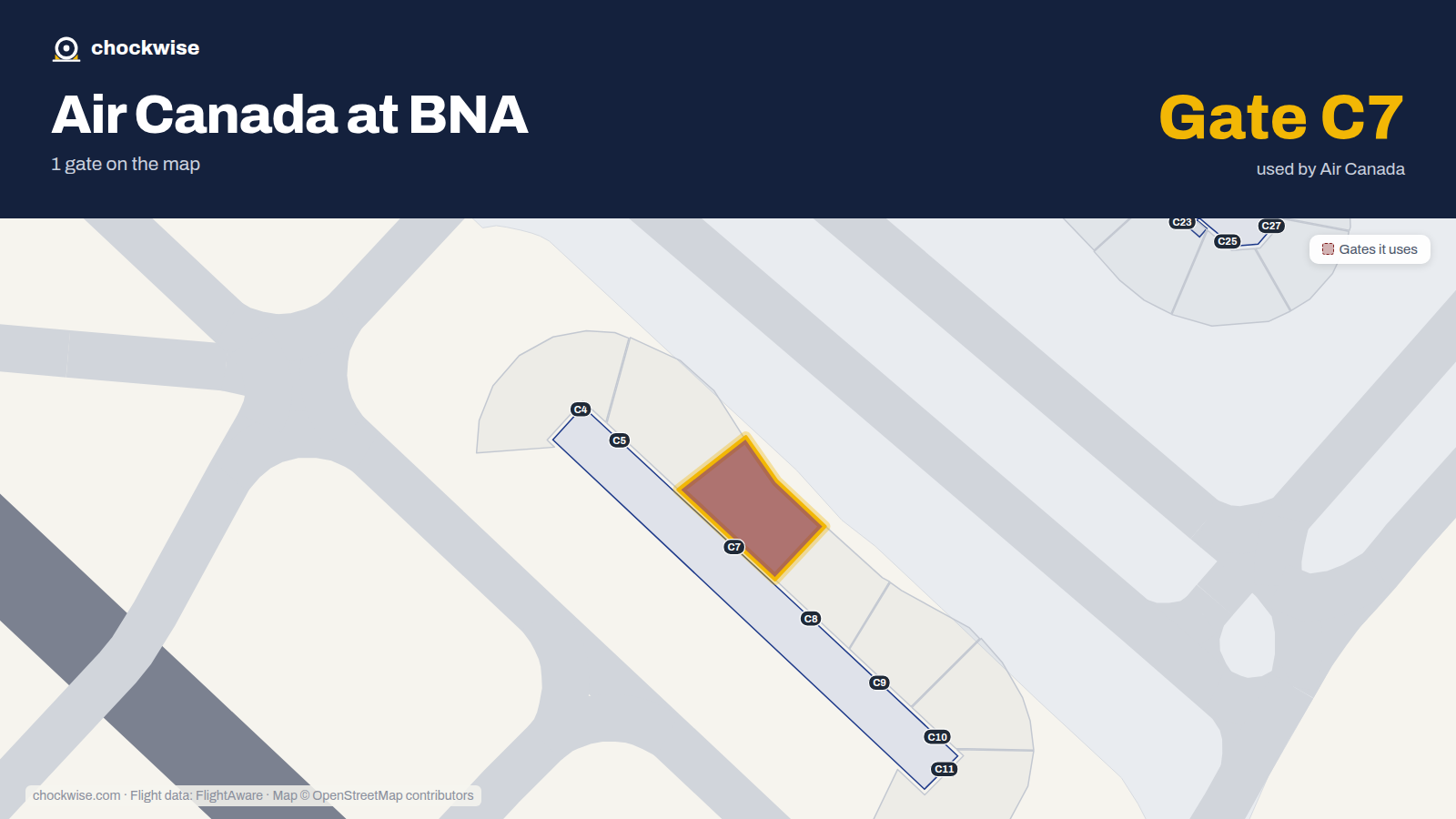 Map of BNA with the gates Air Canada uses highlighted: C7.