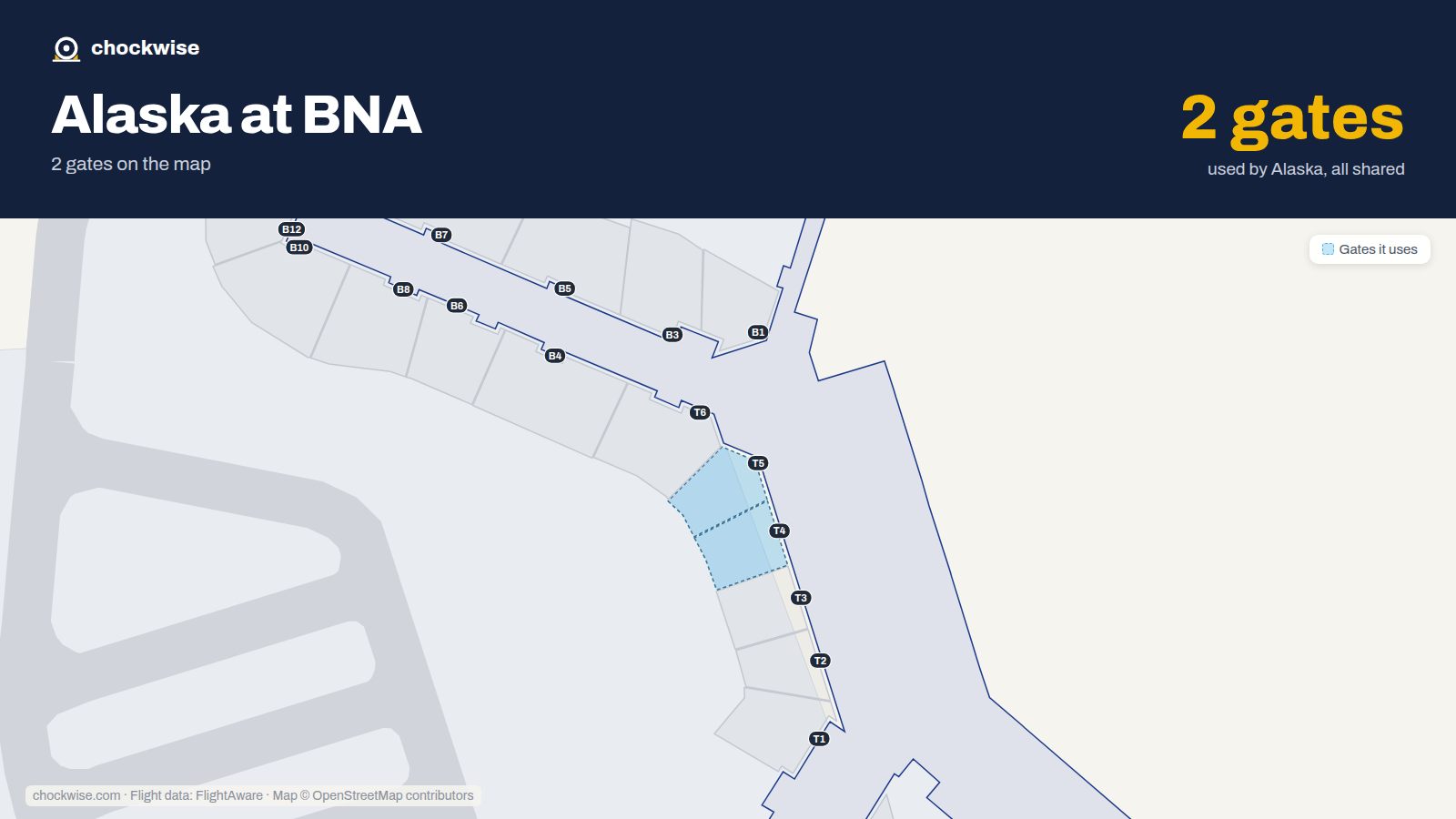 Map of BNA with the gates Alaska Airlines uses highlighted: T4 and T5.