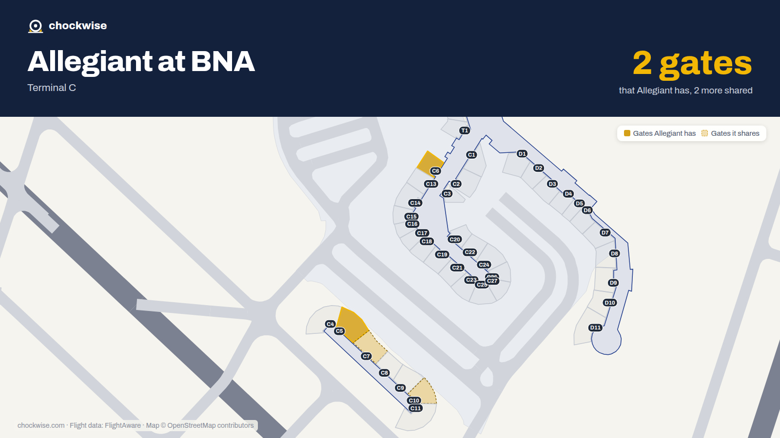 Map of BNA with the gates Allegiant Air uses highlighted: C5 and C6.