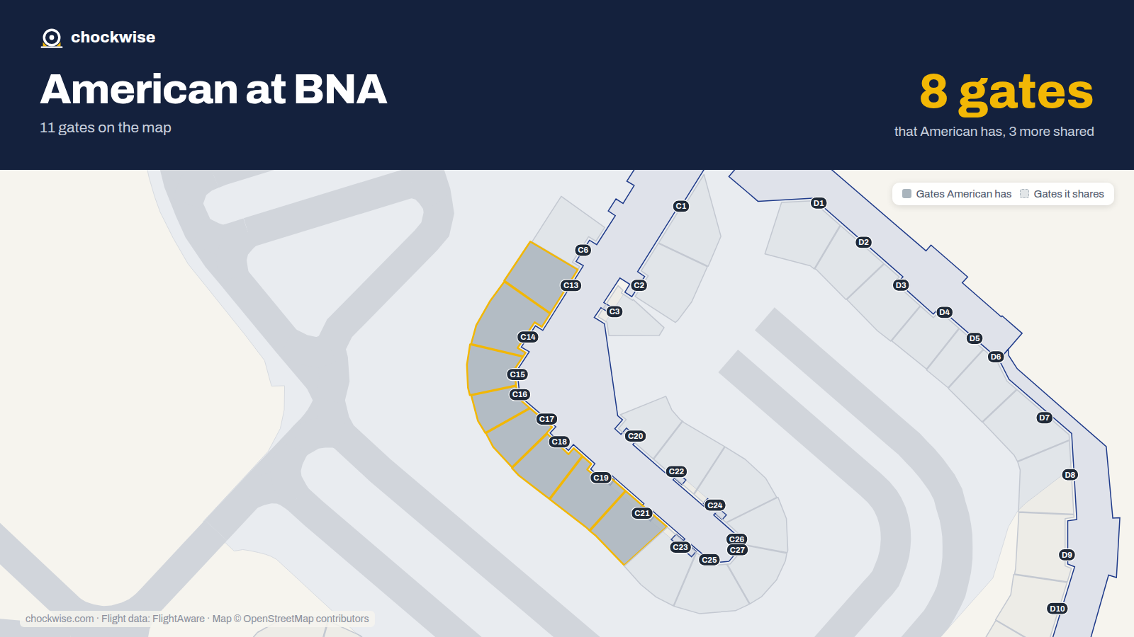 Map of BNA with the gates American Airlines uses highlighted: C13, C14, C15, C16, C17, C18, C19 and C21.
