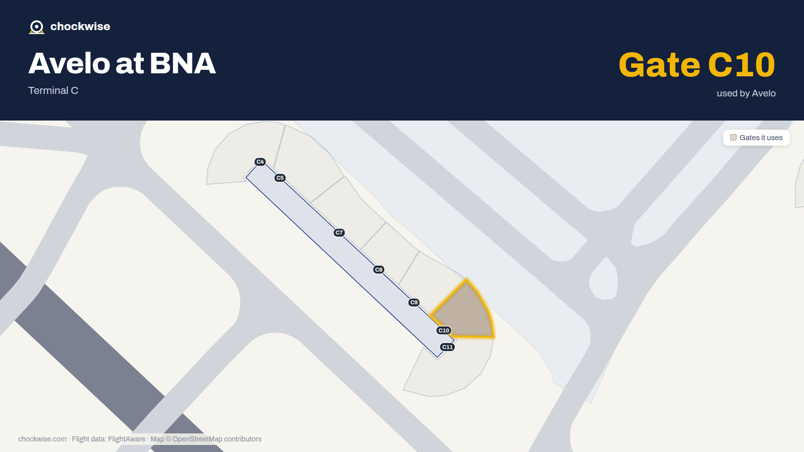 Map of BNA with the gates Avelo Airlines uses highlighted: C10.