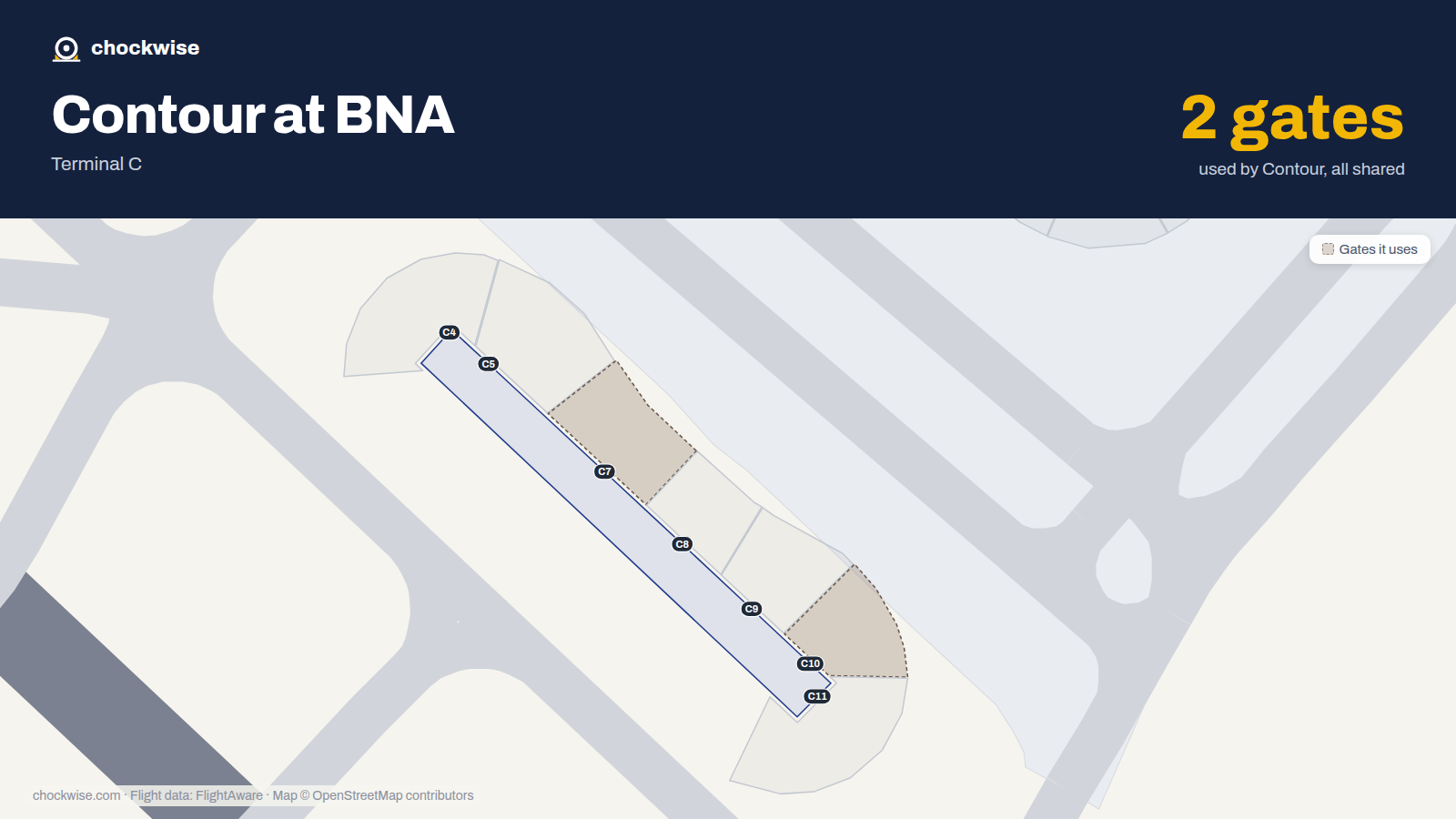 Map of BNA with the gates Contour Airlines uses highlighted: C7 and C10.