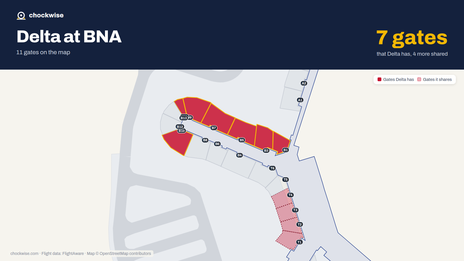 Map of BNA with the gates Delta Air Lines uses highlighted: B1, B3, B5, B7, B9, B10 and B11.