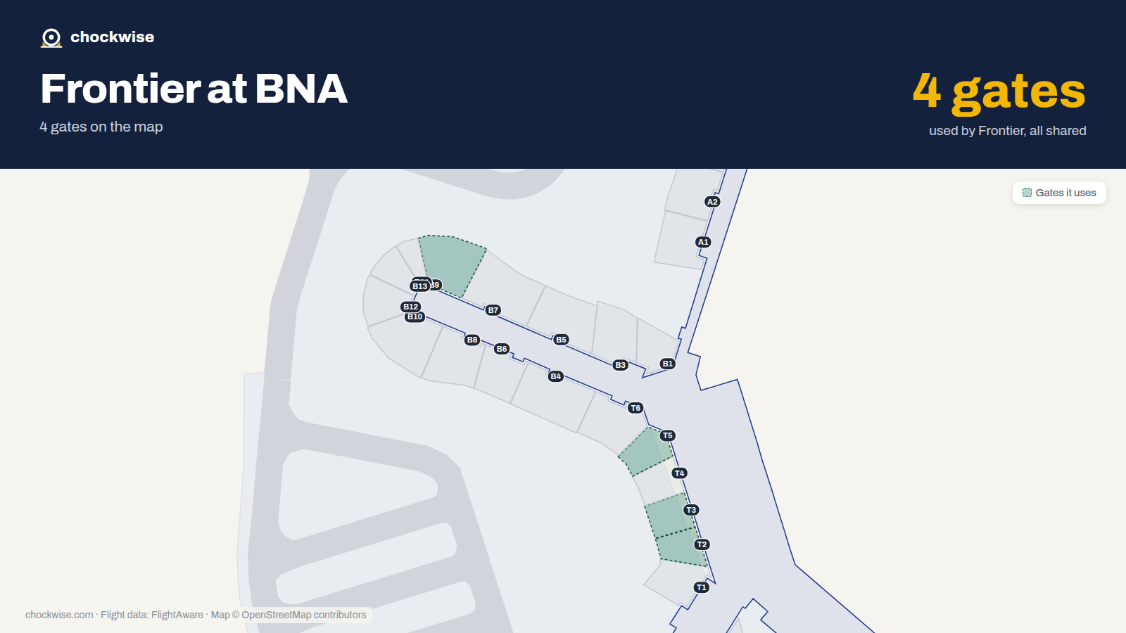 Map of BNA with the gates Frontier Airlines uses highlighted: T2, T3, T5 and B9.
