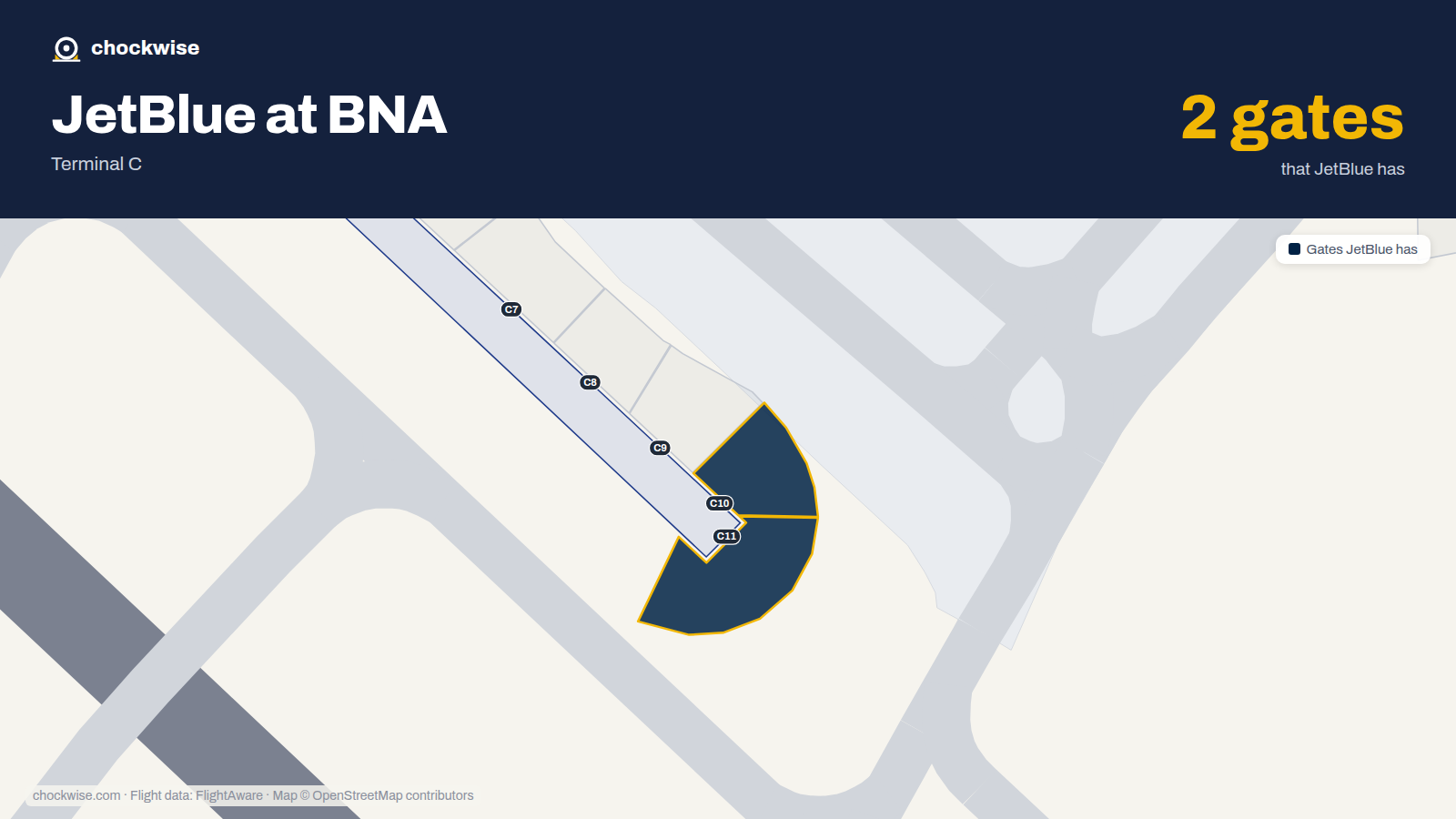 Map of BNA with the gates JetBlue uses highlighted: C10 and C11.