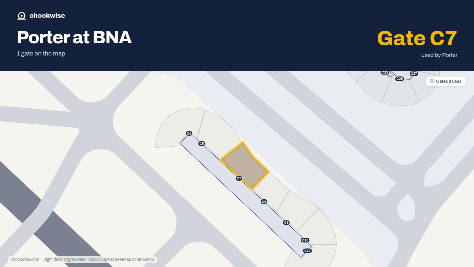Map of BNA with the gates Porter Airlines uses highlighted: C7.