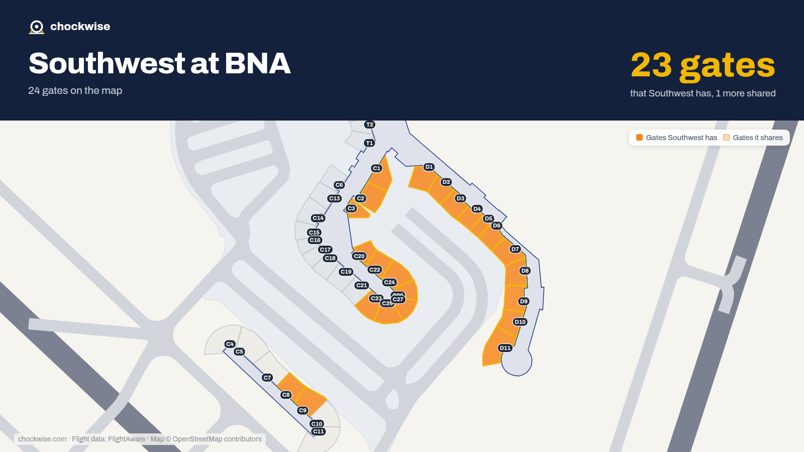 Map of BNA with the gates Southwest Airlines uses highlighted: C1, D1, C2, D2, C3, D3, D4, D5 and 15 more.