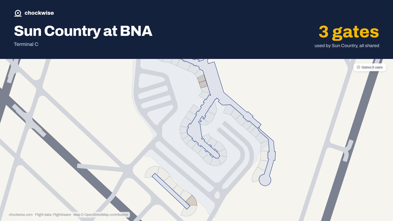 Map of BNA with the gates Sun Country Airlines uses highlighted: T3, T4 and C10.
