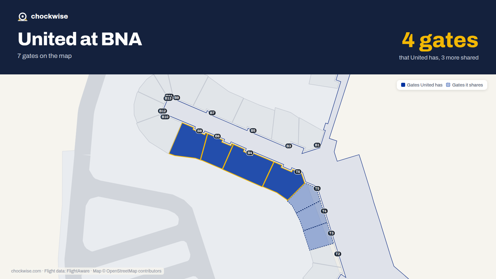 Map of BNA with the gates United Airlines uses highlighted: B4, B6, T6 and B8.