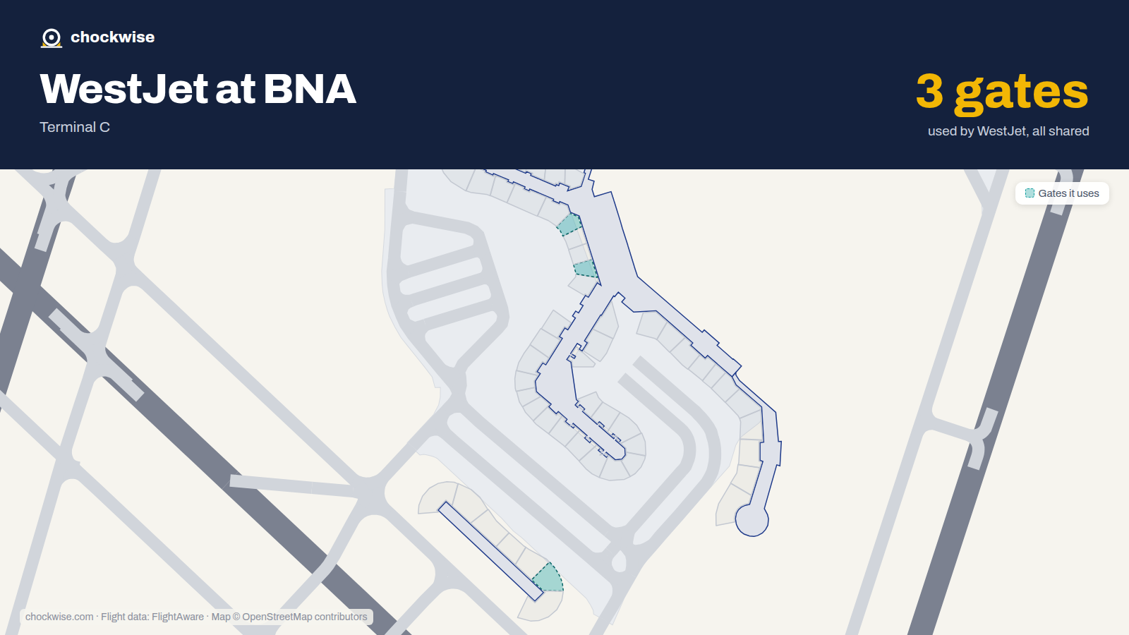 Map of BNA with the gates WestJet uses highlighted: T2, T5 and C10.