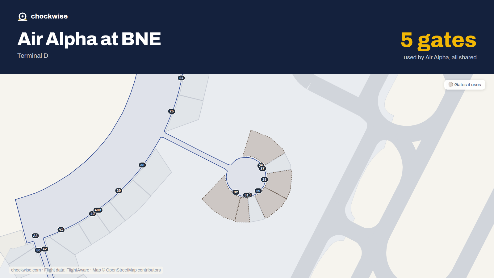 Map of BNE with the gates Air Alpha Greenland uses highlighted: 26, 28, 29, 31 and 32.