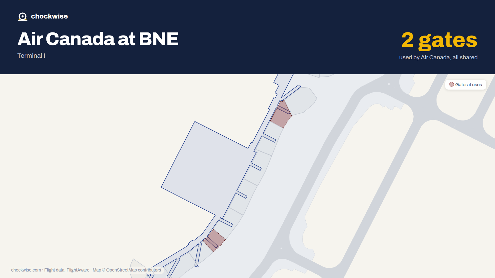 Map of BNE with the gates Air Canada uses highlighted: 78 and 83.