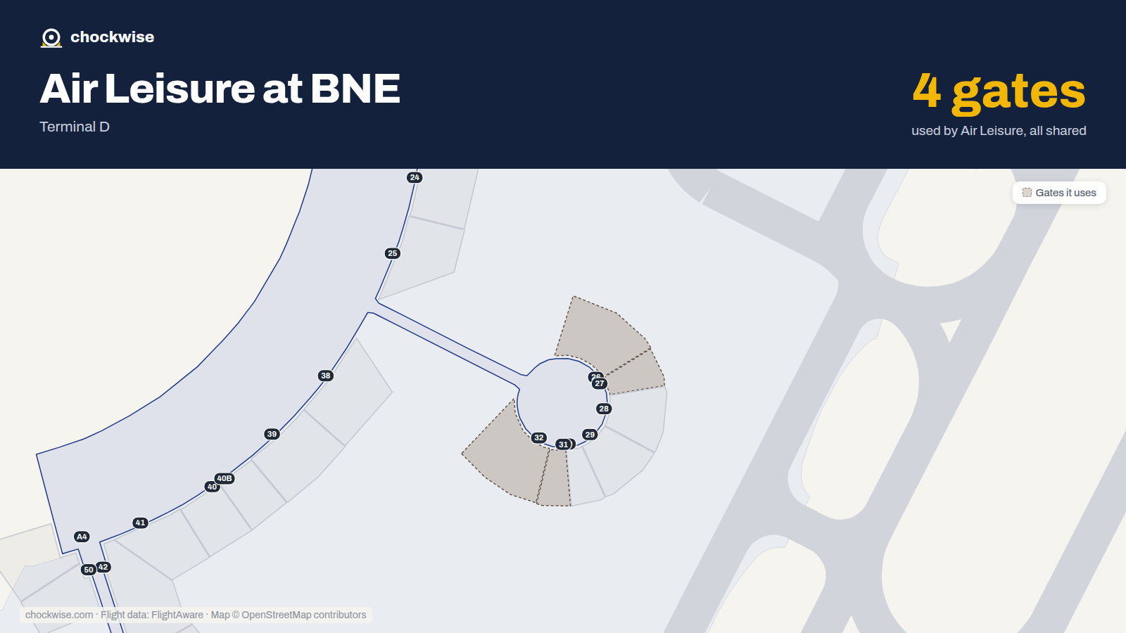 Map of BNE with the gates Air Leisure uses highlighted: 26, 27, 31 and 32.