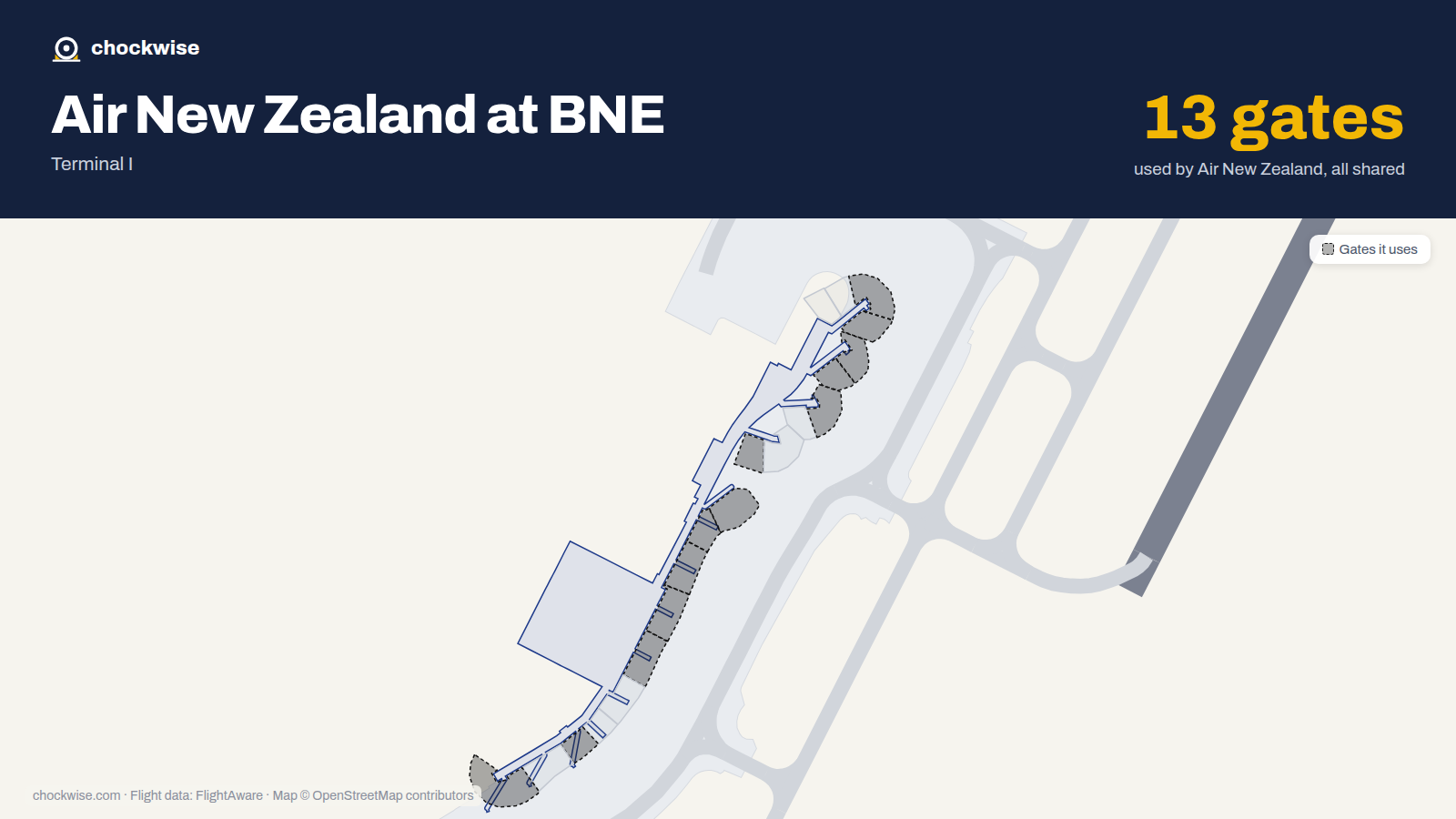 Map of BNE with the gates Air New Zealand uses highlighted: 73, 73A, 74, 74A, 75A, 76, 77, 78 and 5 more.