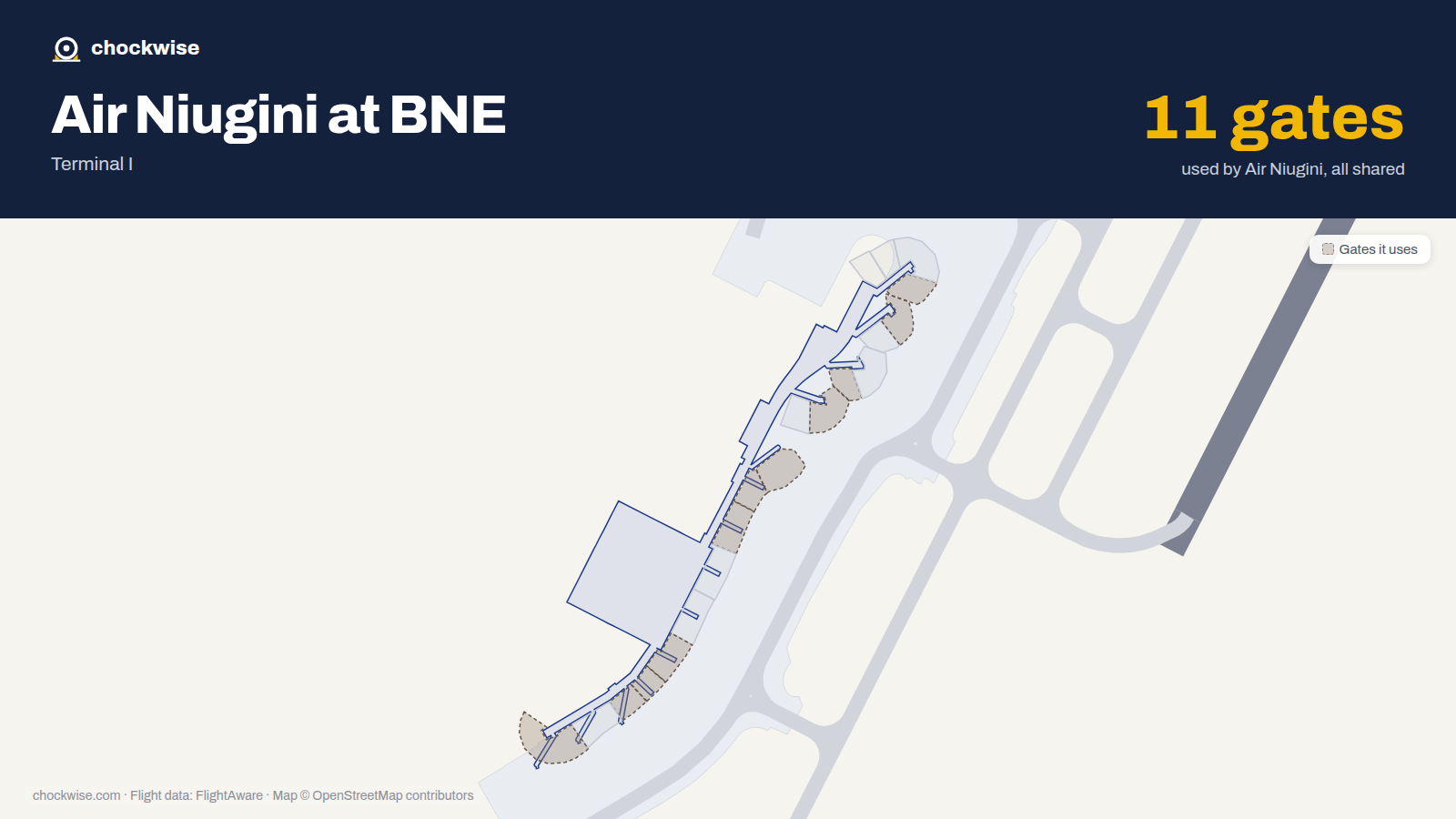 Map of BNE with the gates Air Niugini uses highlighted: 73, 74A, 75, 76A, 77, 78, 79, 82 and 3 more.