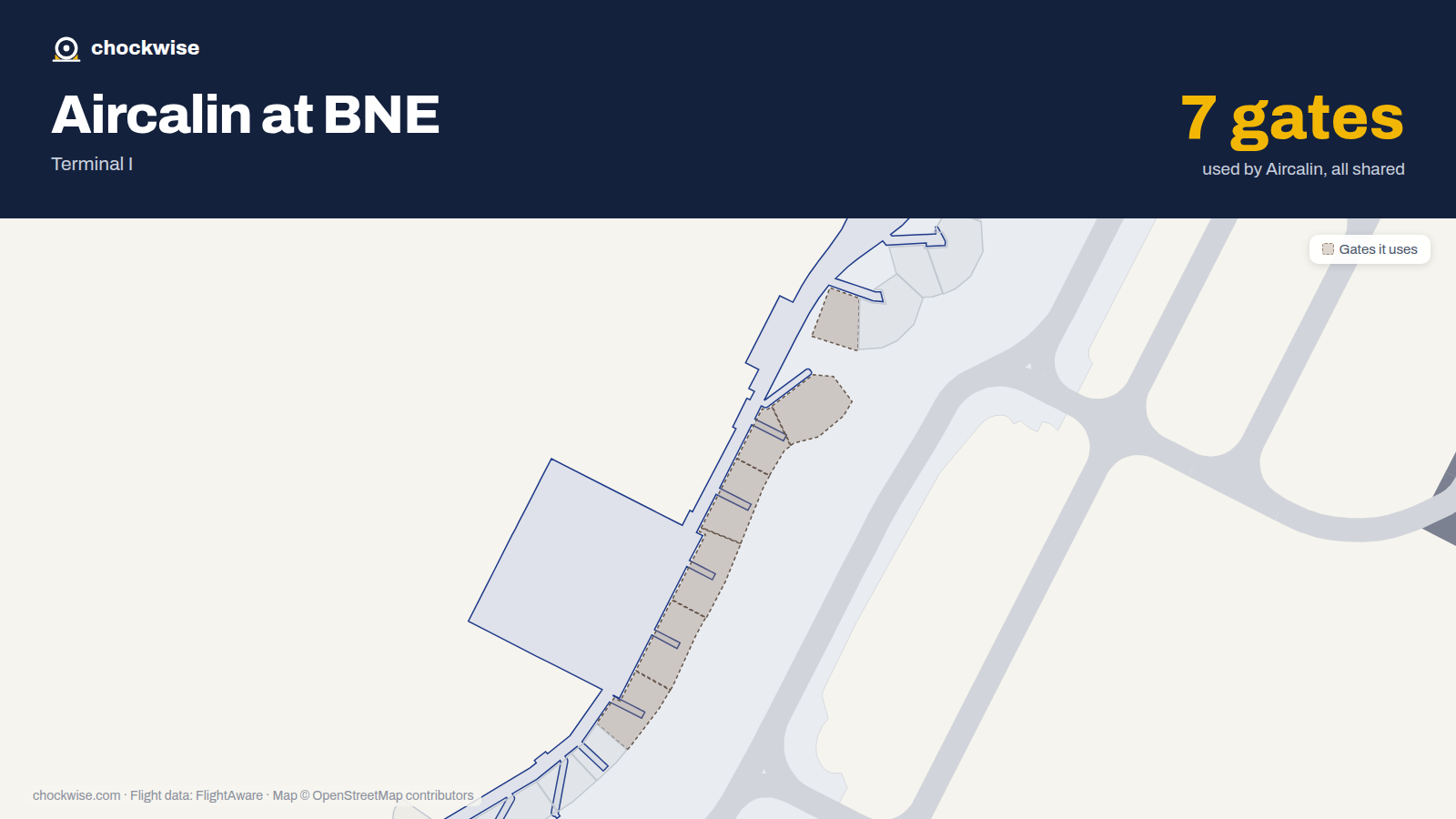 Map of BNE with the gates Aircalin uses highlighted: 76, 77, 78, 79, 80, 81 and 82.
