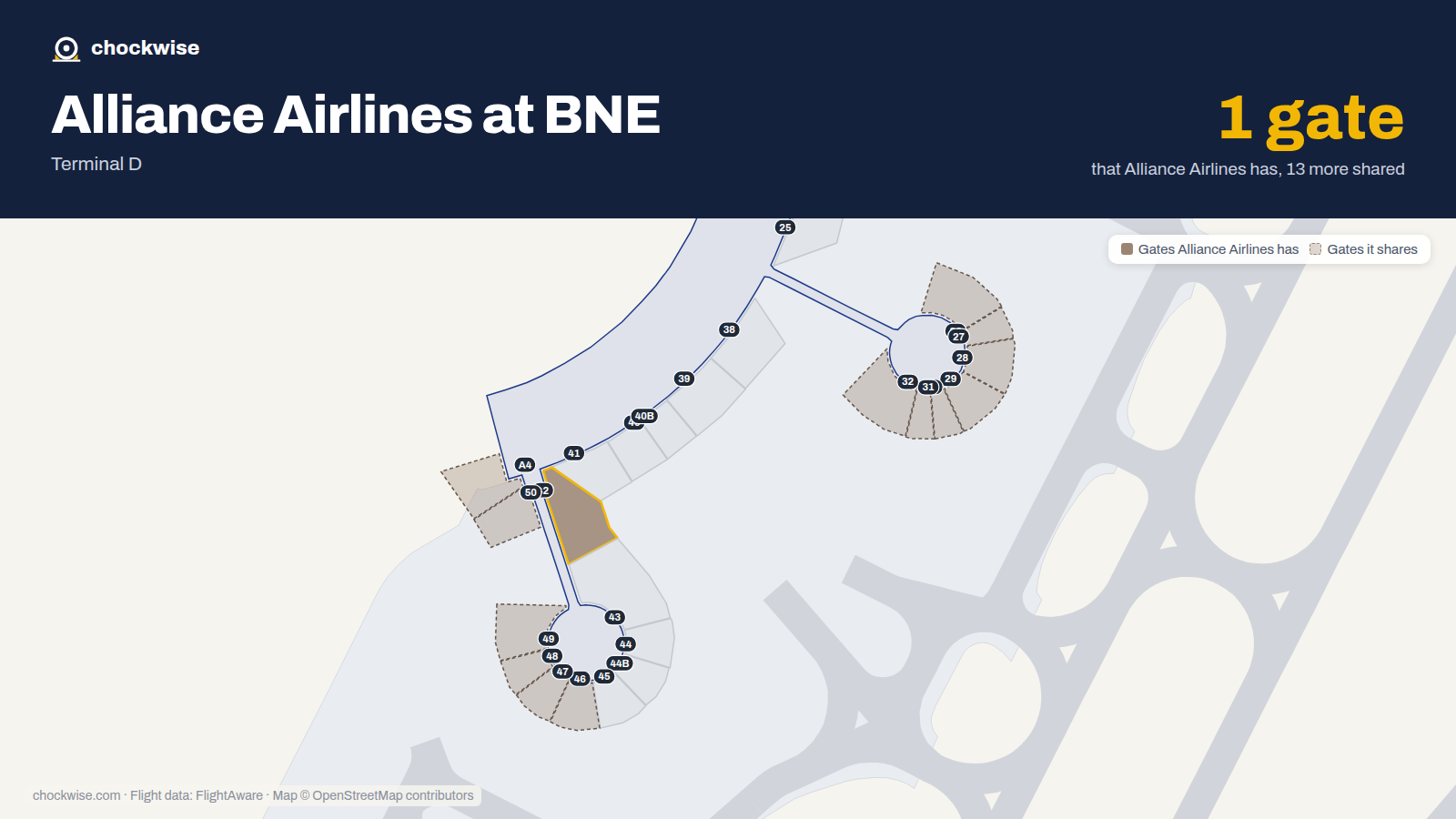 Map of BNE with the gates Alliance Airlines uses highlighted: 42.