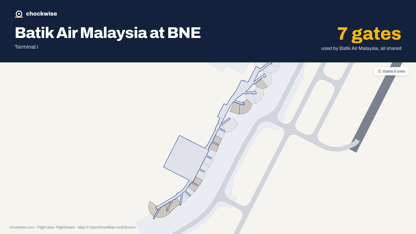 Map of BNE with the gates Batik Air Malaysia uses highlighted: 74, 76, 76A, 79, 82, 85 and 86.