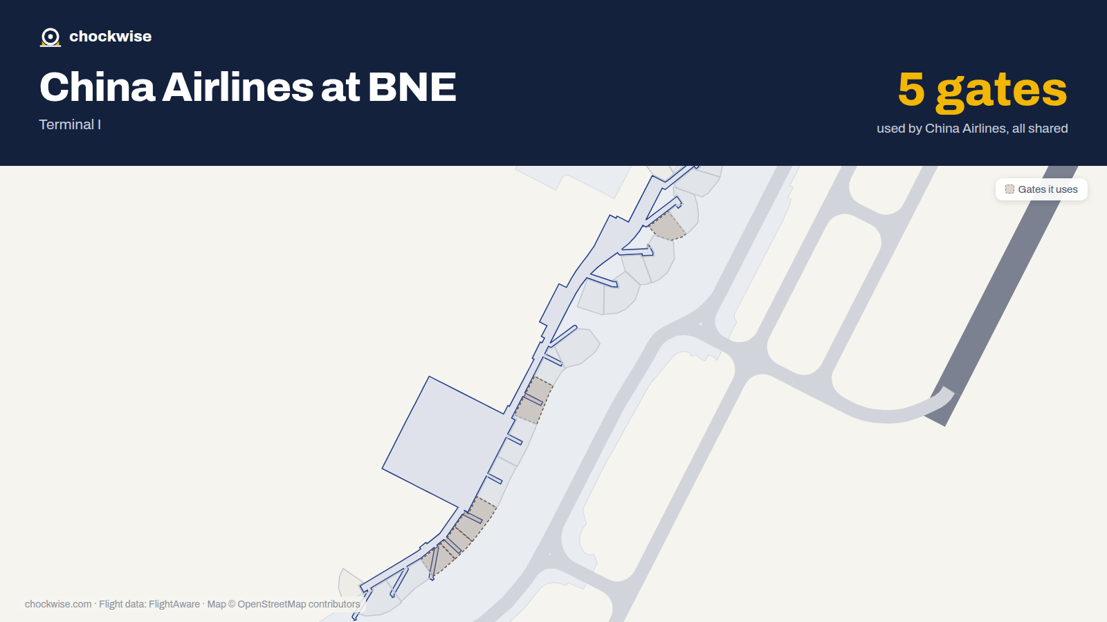 Map of BNE with the gates China Airlines uses highlighted: 74, 79, 82, 83 and 84.