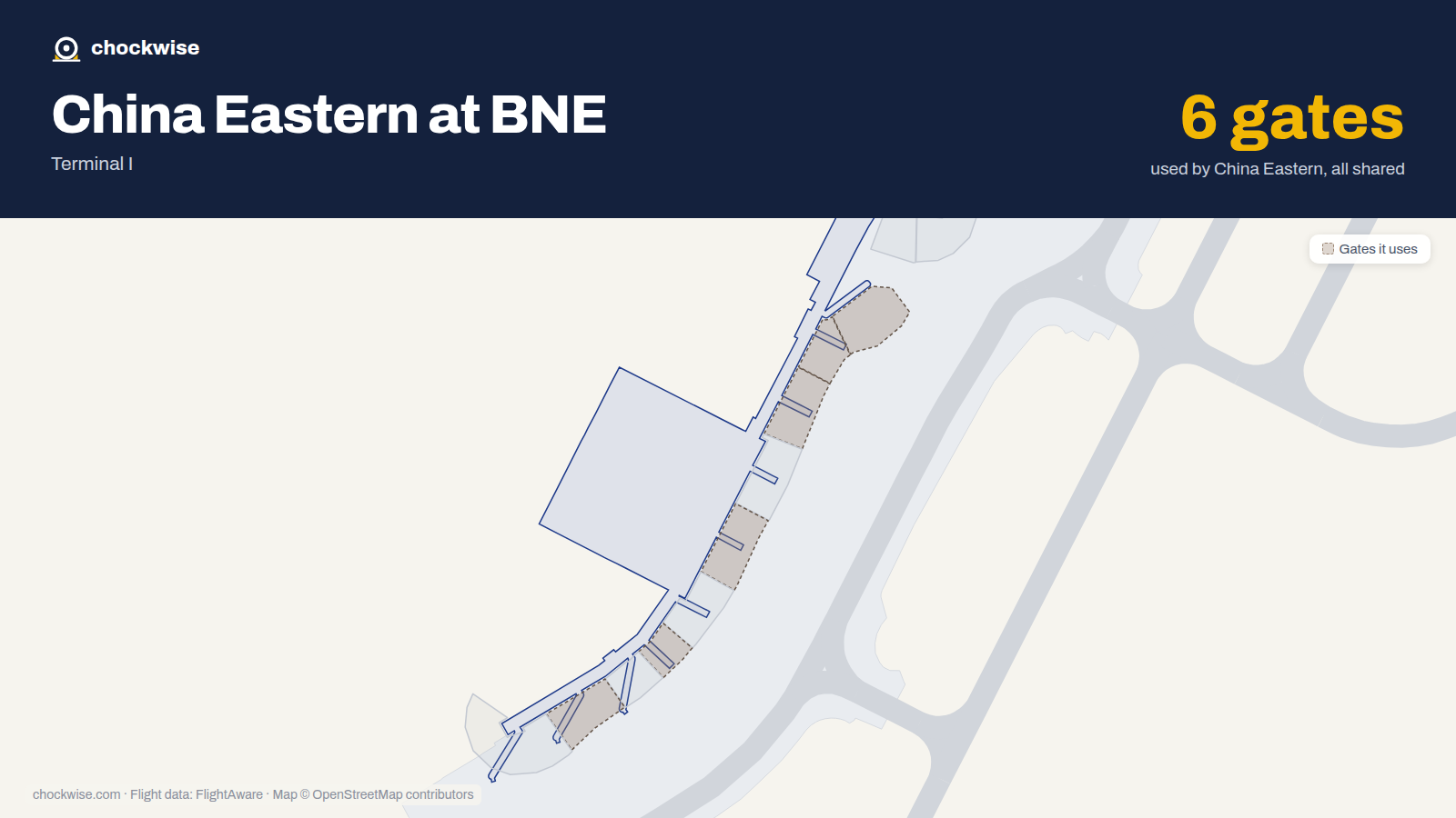Map of BNE with the gates China Eastern uses highlighted: 77, 78, 79, 81, 83 and 85.