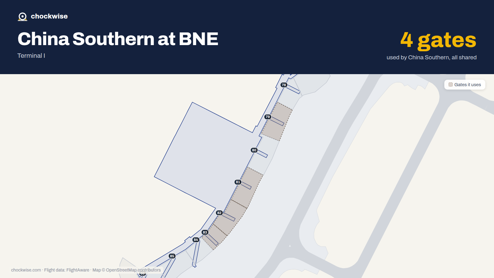 Map of BNE with the gates China Southern uses highlighted: 79, 81, 82 and 83.