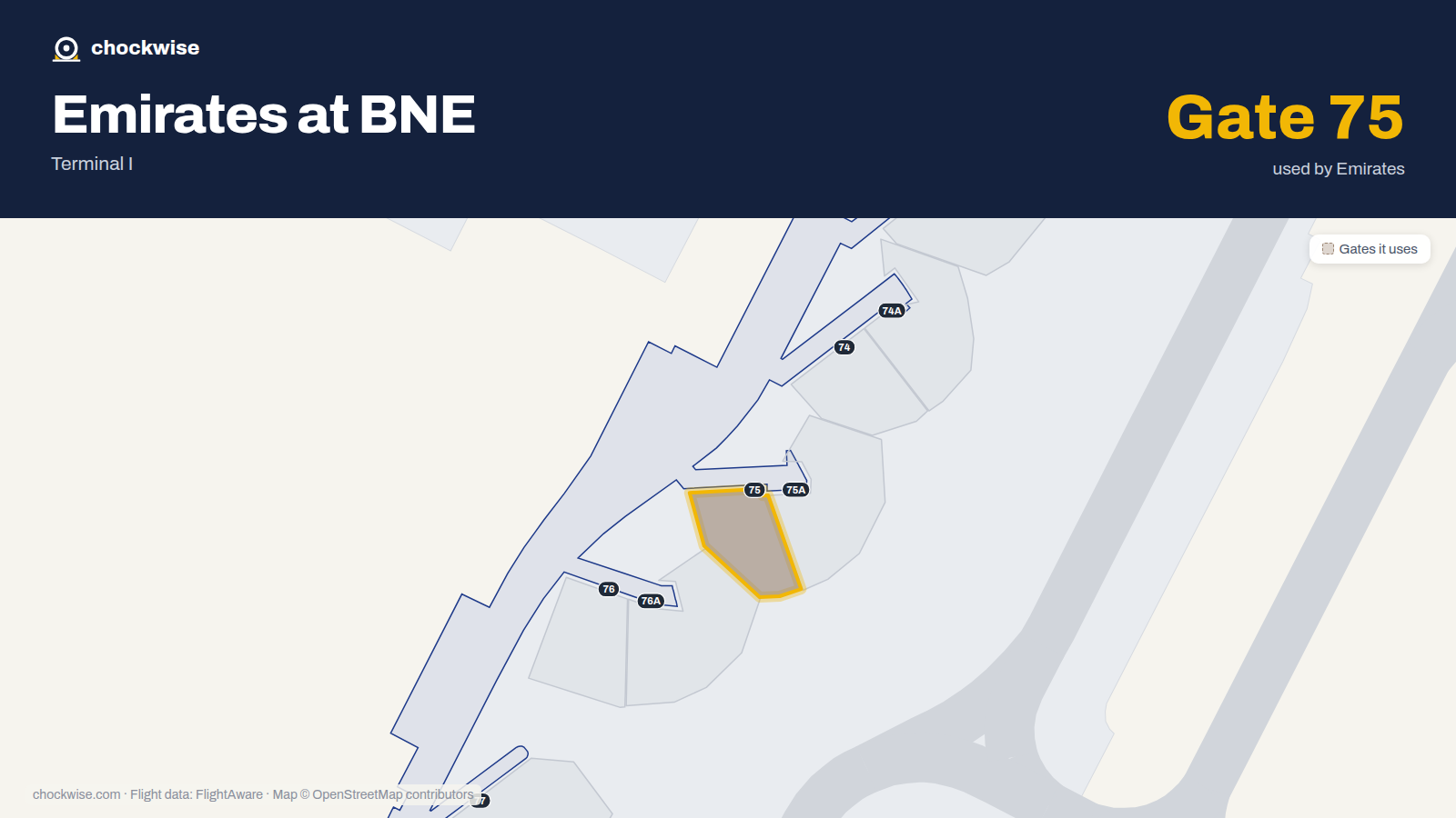 Map of BNE with the gates Emirates uses highlighted: 75.