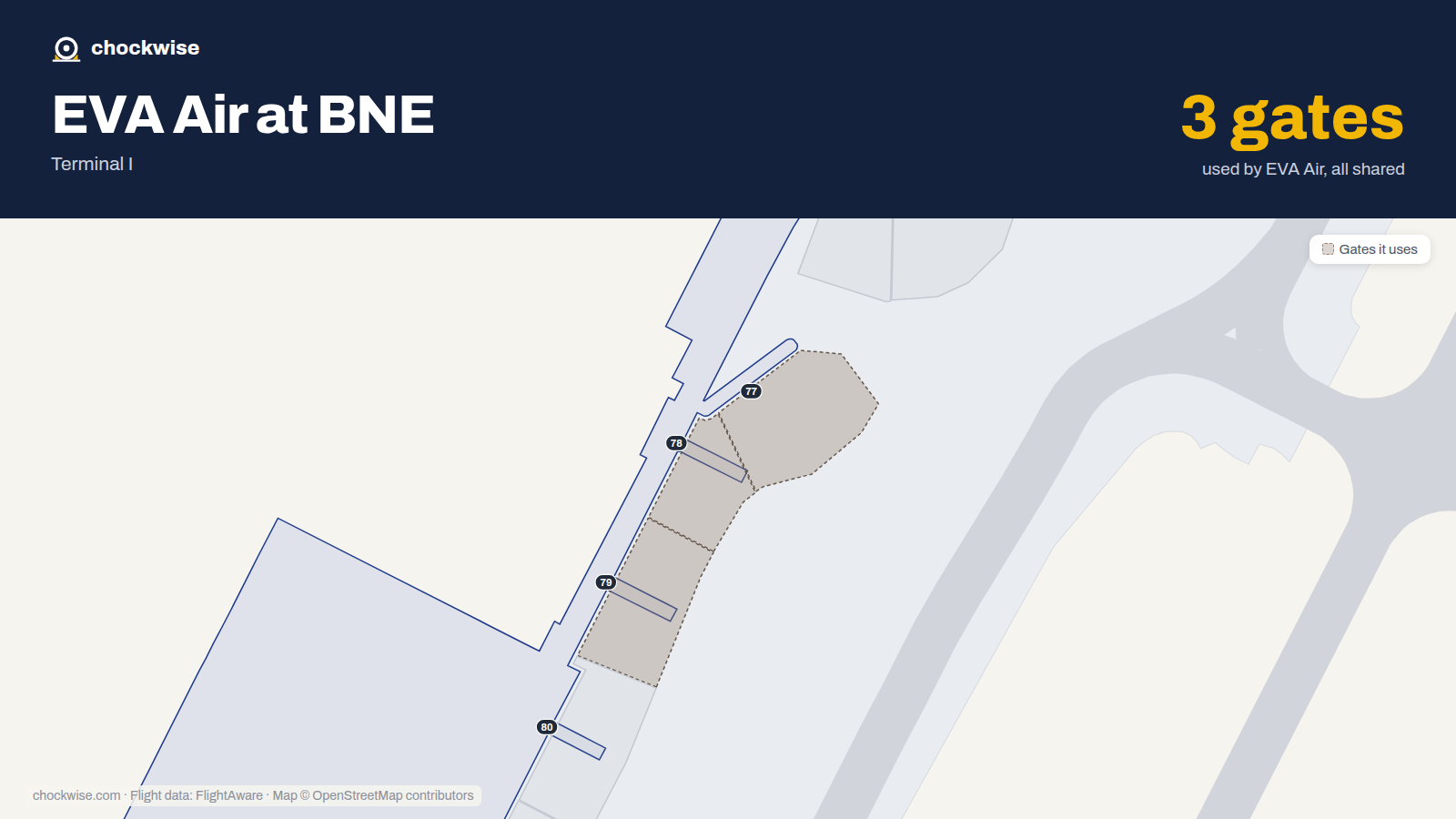 Map of BNE with the gates EVA Air uses highlighted: 77, 78 and 79.