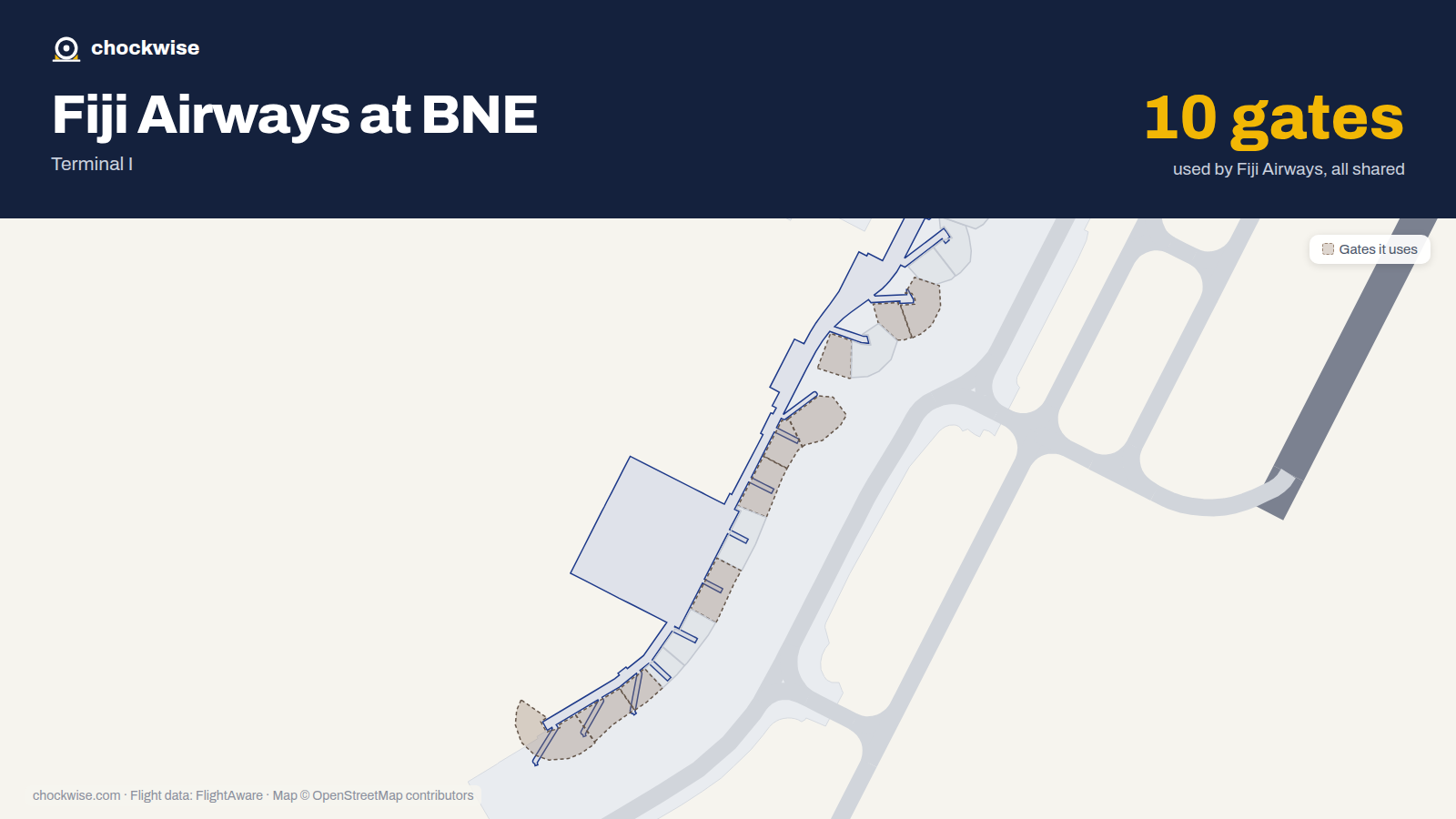 Map of BNE with the gates Fiji Airways uses highlighted: 75, 75A, 76, 77, 78, 79, 81, 84 and 2 more.