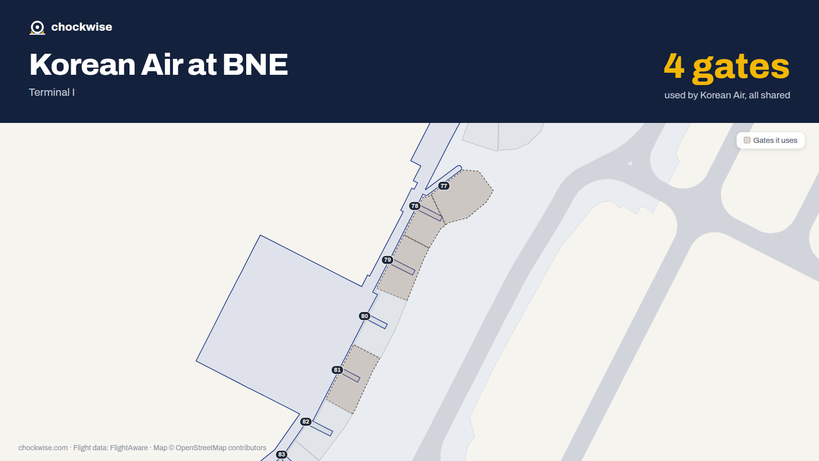 Map of BNE with the gates Korean Air uses highlighted: 77, 78, 79 and 81.