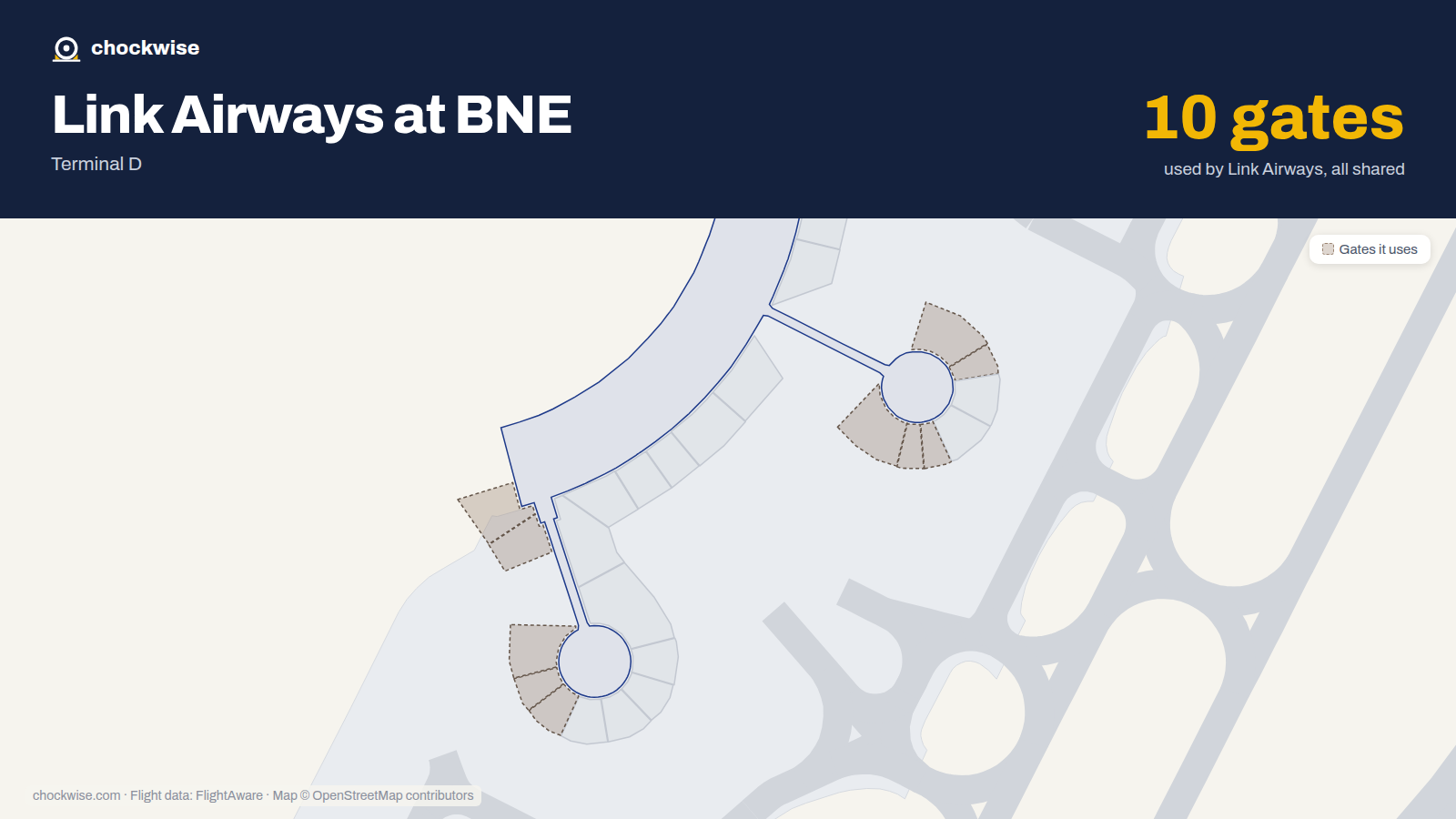 Map of BNE with the gates Link Airways uses highlighted: A4, 26, 27, 30, 31, 32, 47, 48 and 2 more.