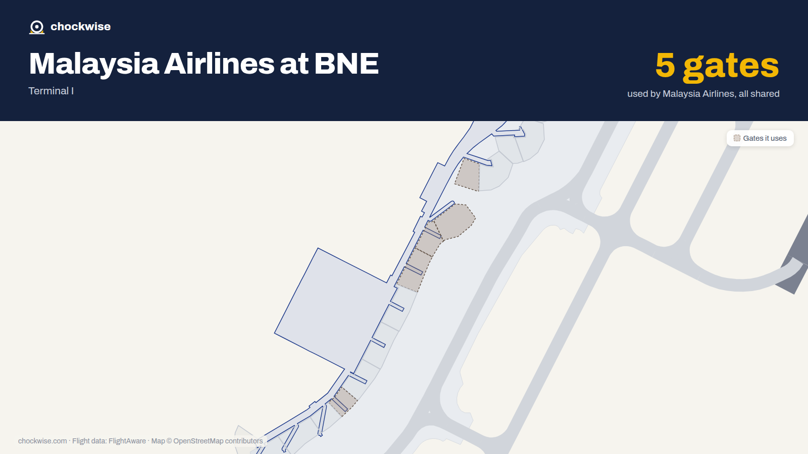 Map of BNE with the gates Malaysia Airlines uses highlighted: 76, 77, 78, 79 and 83.