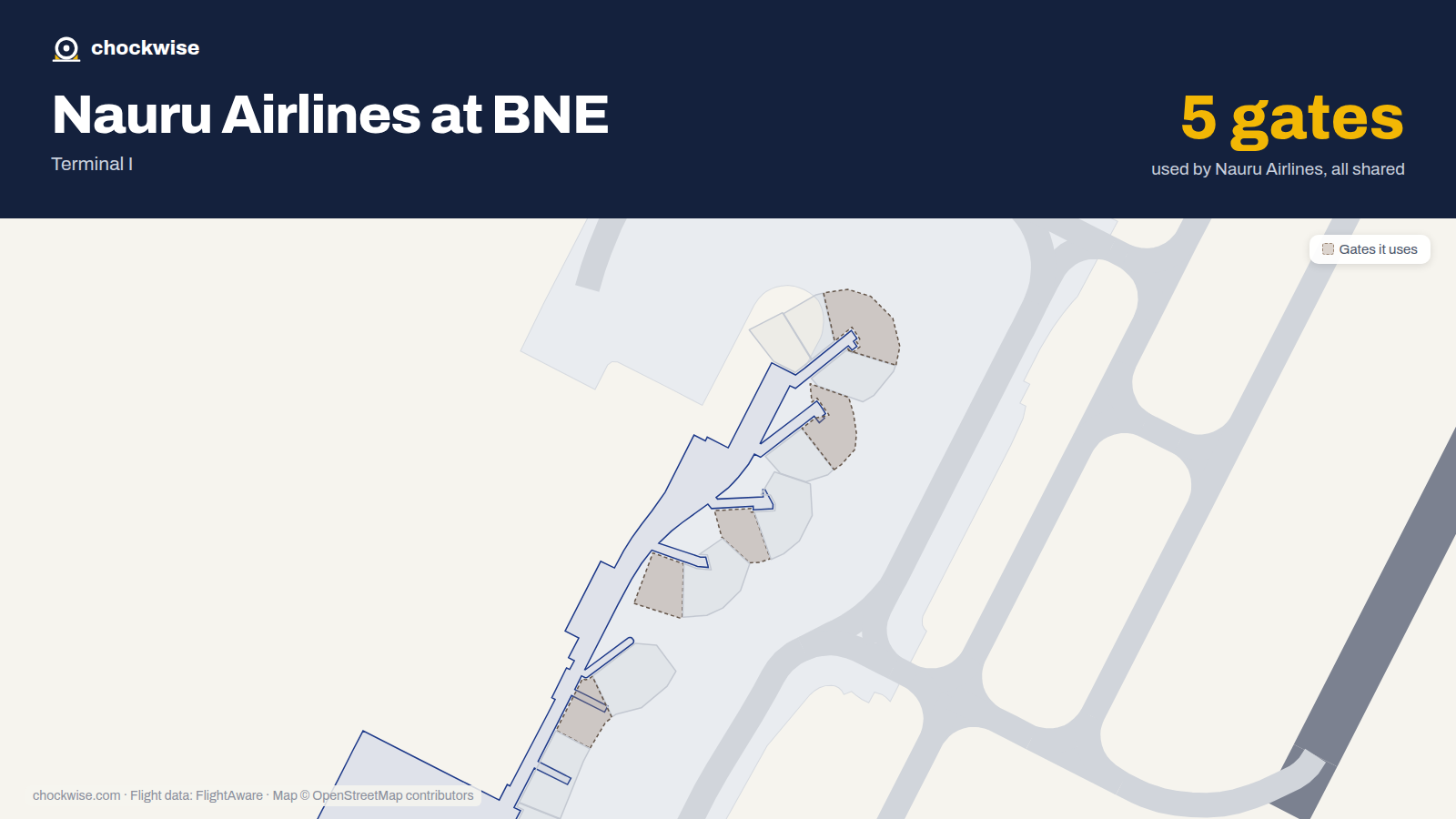Map of BNE with the gates Nauru Airlines uses highlighted: 73A, 74A, 75, 76 and 78.