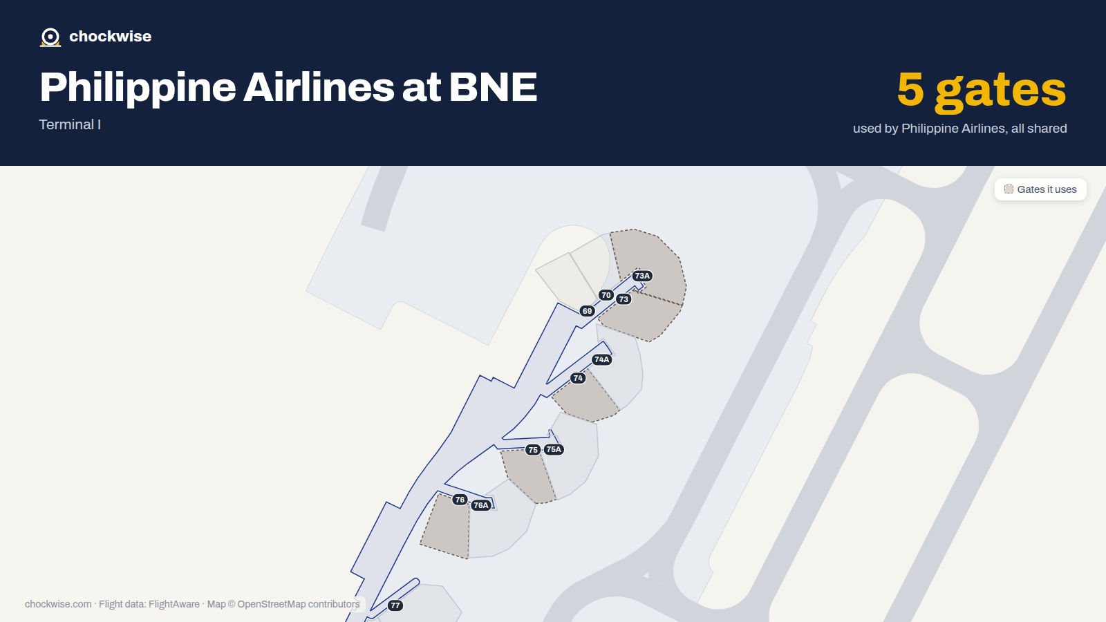 Map of BNE with the gates Philippine Airlines uses highlighted: 73, 73A, 74, 75 and 76.