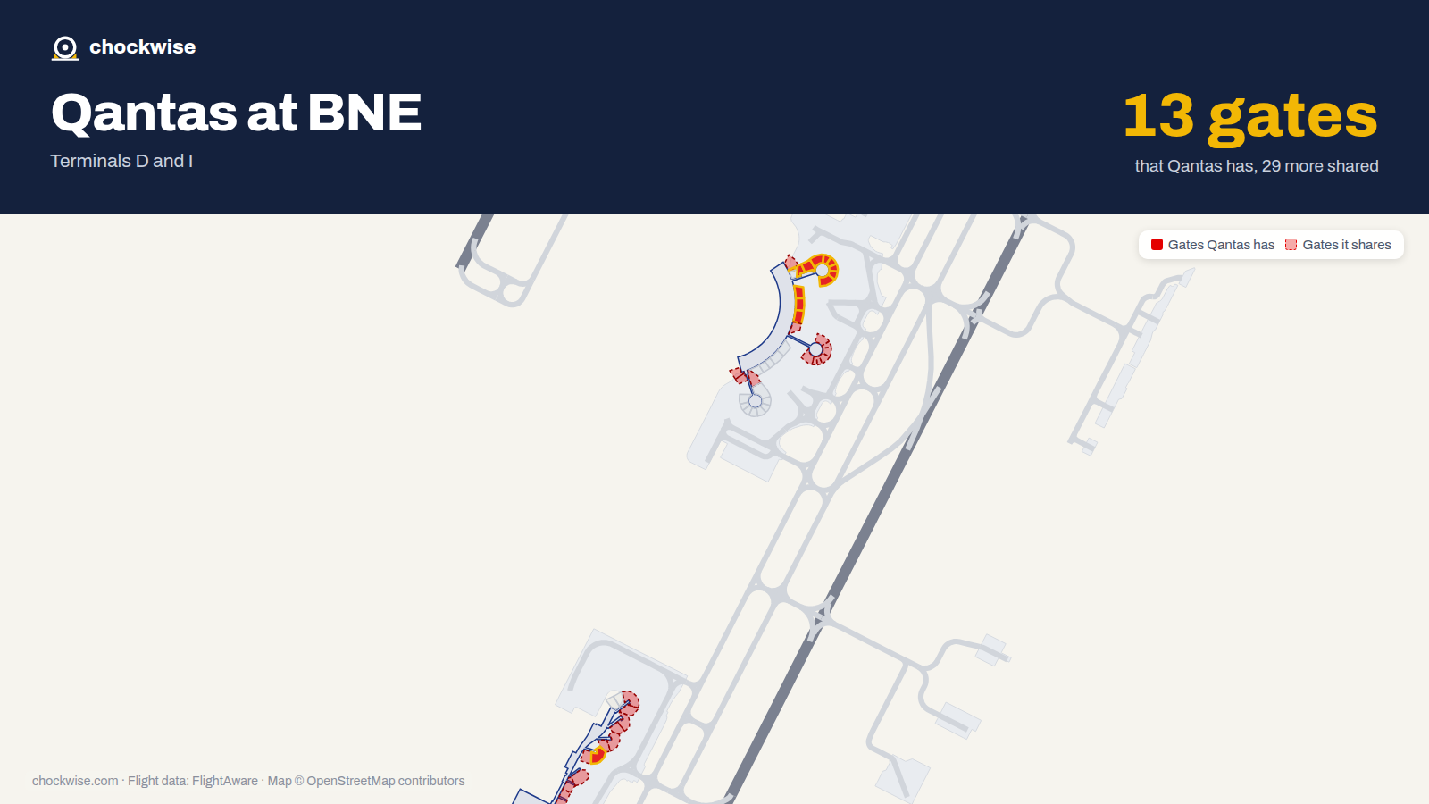 Map of BNE with the gates Qantas uses highlighted: 2, 5, 6, 16, 17, 18, 19, 20 and 5 more.