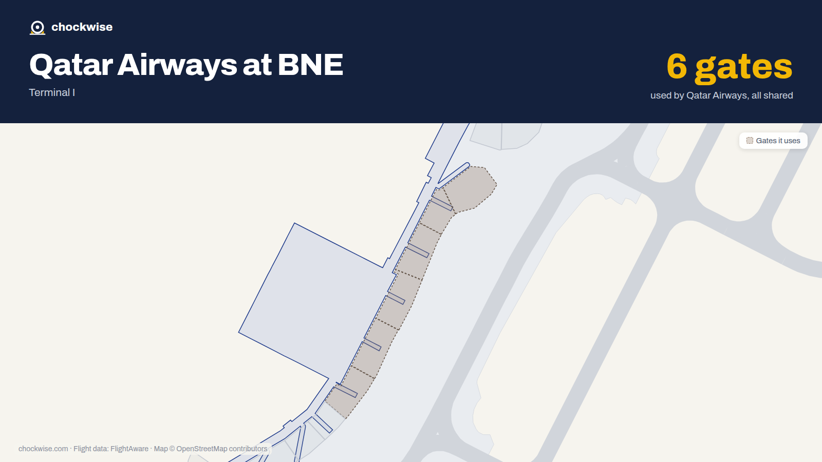 Map of BNE with the gates Qatar Airways uses highlighted: 77, 78, 79, 80, 81 and 82.