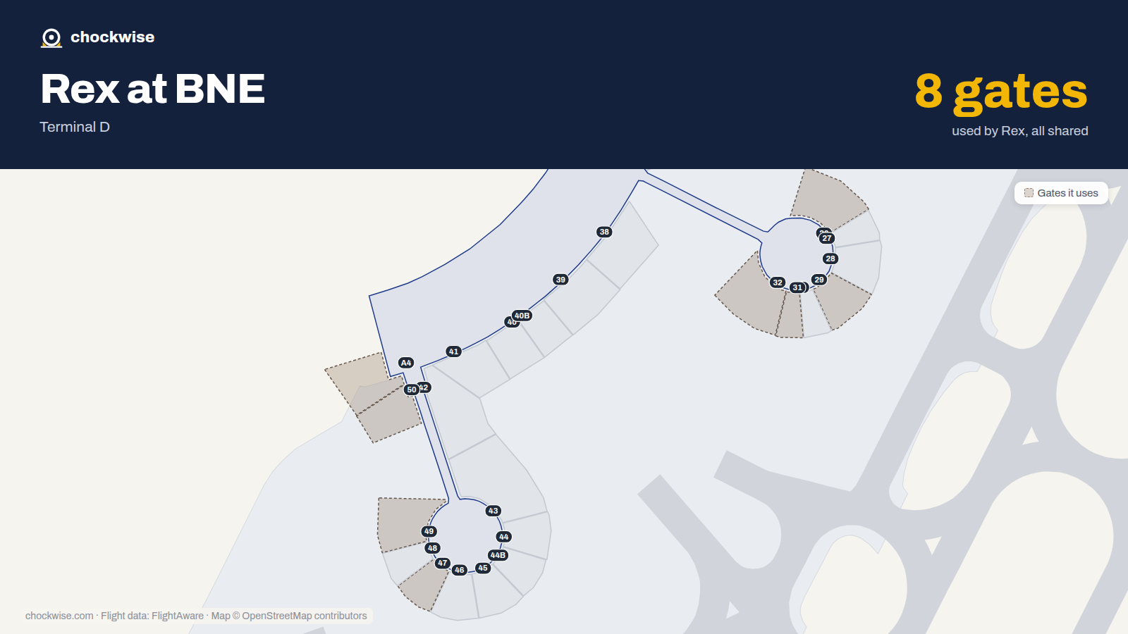 Map of BNE with the gates Rex Airlines uses highlighted: A4, 26, 29, 31, 32, 47, 49 and 50.