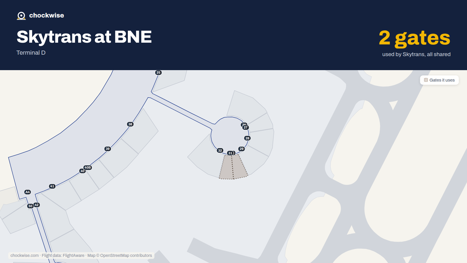 Map of BNE with the gates Skytrans uses highlighted: 30 and 31.