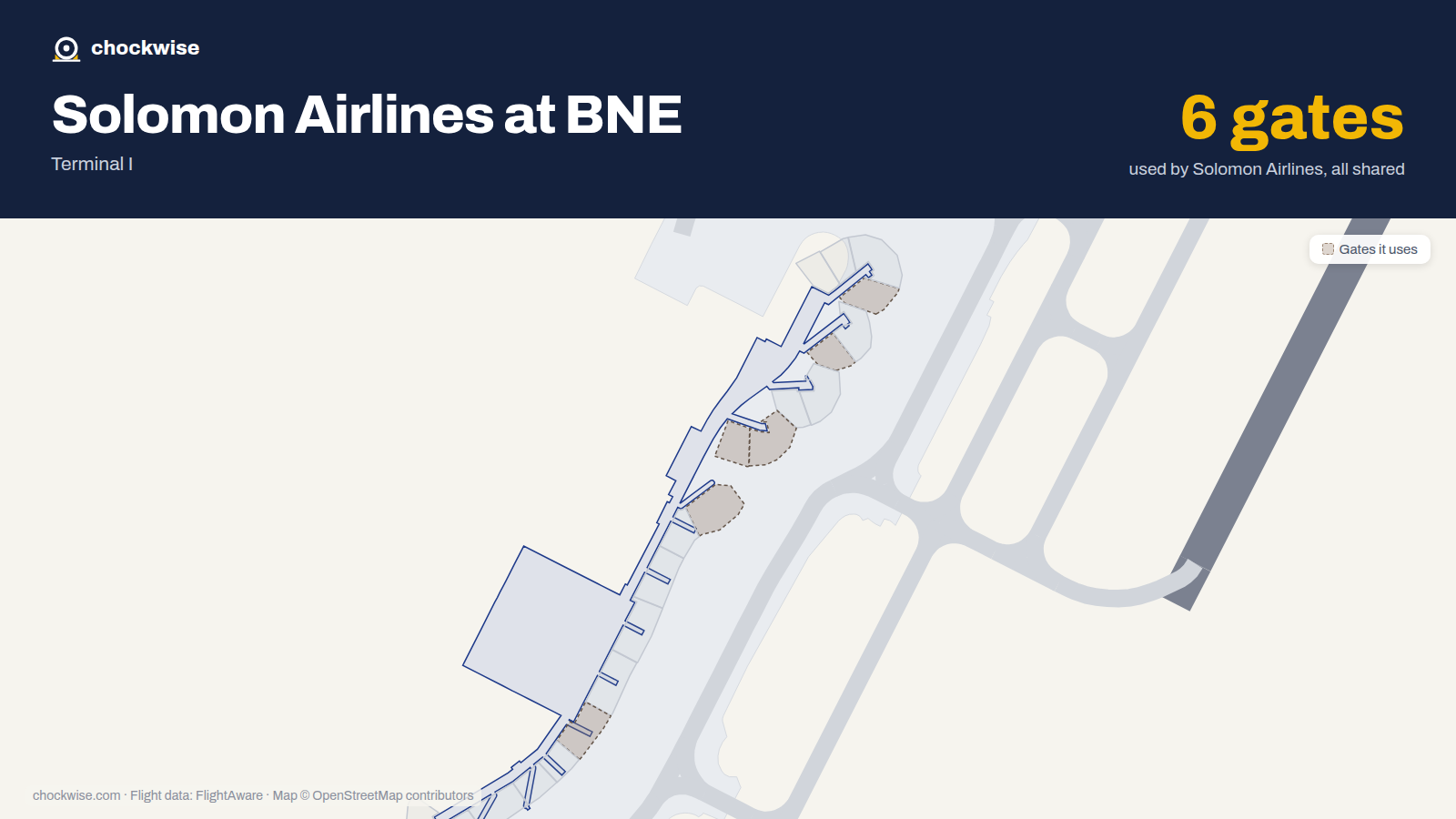 Map of BNE with the gates Solomon Airlines uses highlighted: 73, 74, 76, 76A, 77 and 82.
