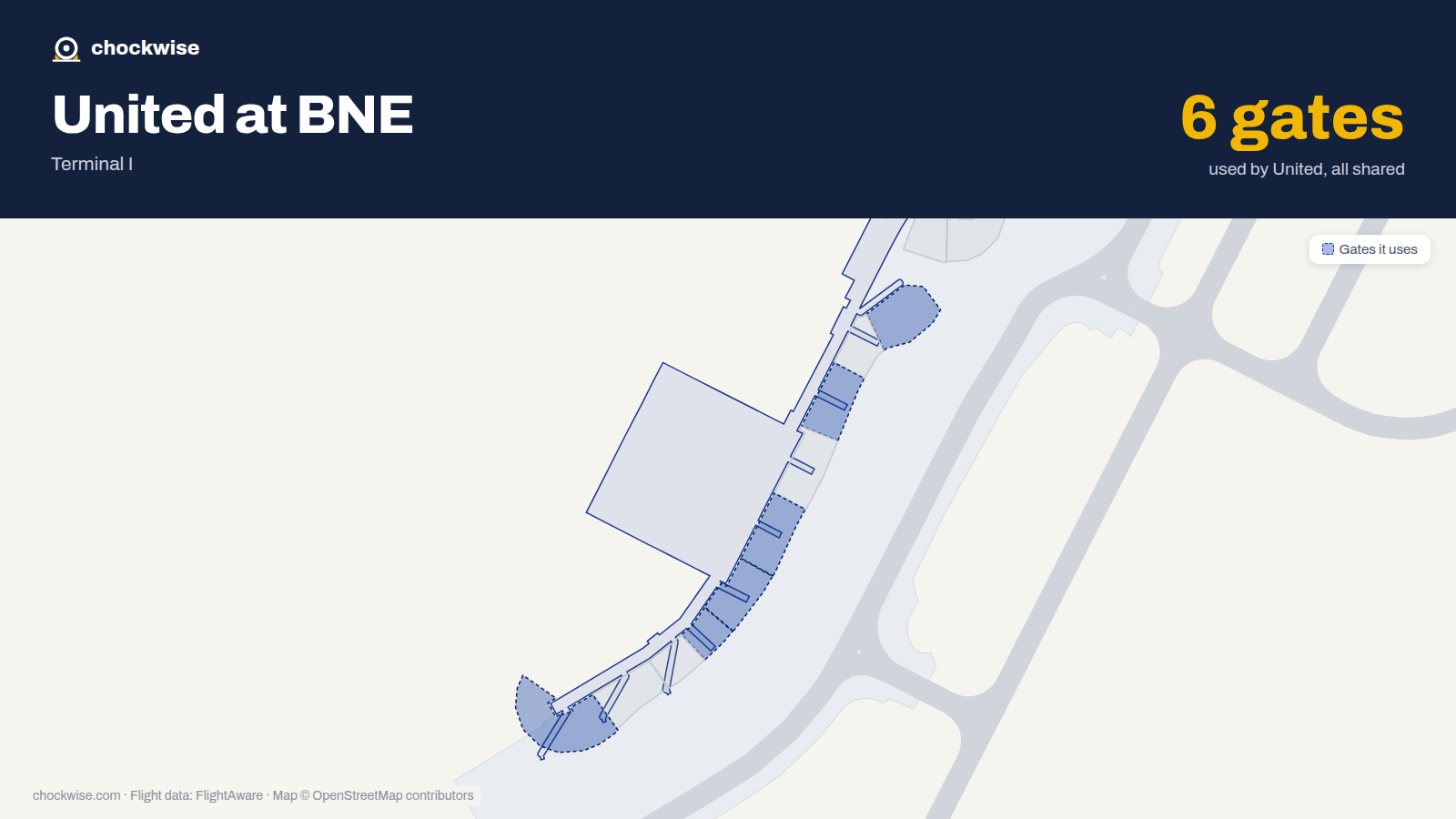 Map of BNE with the gates United Airlines uses highlighted: 77, 79, 81, 82, 83 and 86.